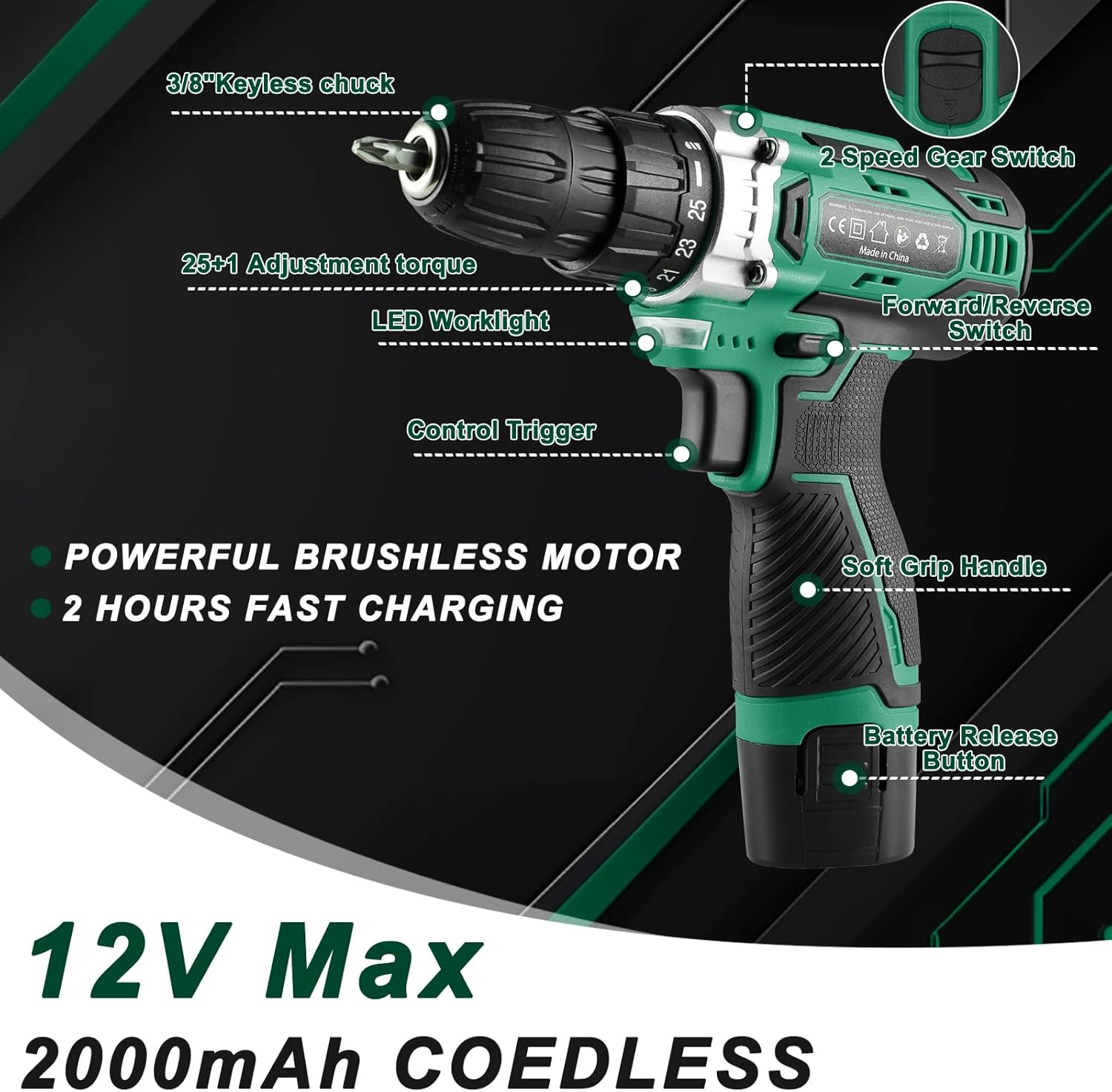 🔥 Angebote & Aktionen – TLGREEN Tool Box Cordless Screwdriver Set Filled 138 Pieces with 12 V Battery Drill Tool Set for Repairs and Maintenance, Tool Box Power Tool Household DIY (Green) – Bild 3