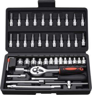 🚗 KFZ & Werkstatt – 46 Piece Socket Spanner Set 1/4 Inch Ratchet Box, Socket Spanner Bit Set, Multi-Tooth Set Bits Socket, with Quick Release & Reversible Ratchet for Repair Car Home