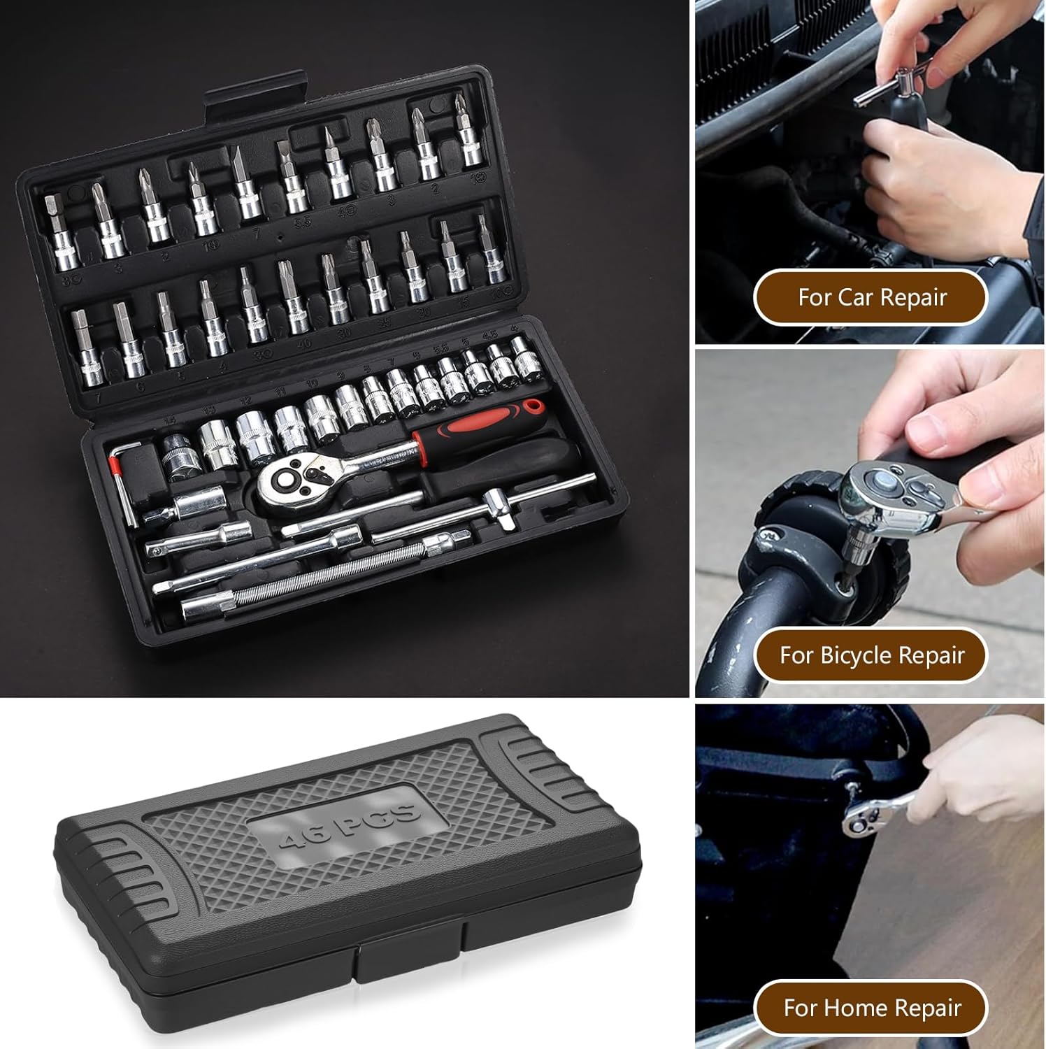 🚗 KFZ & Werkstatt – 46 Piece Socket Spanner Set 1/4 Inch Ratchet Box, Socket Spanner Bit Set, Multi-Tooth Set Bits Socket, with Quick Release & Reversible Ratchet for Repair Car Home – Bild 5