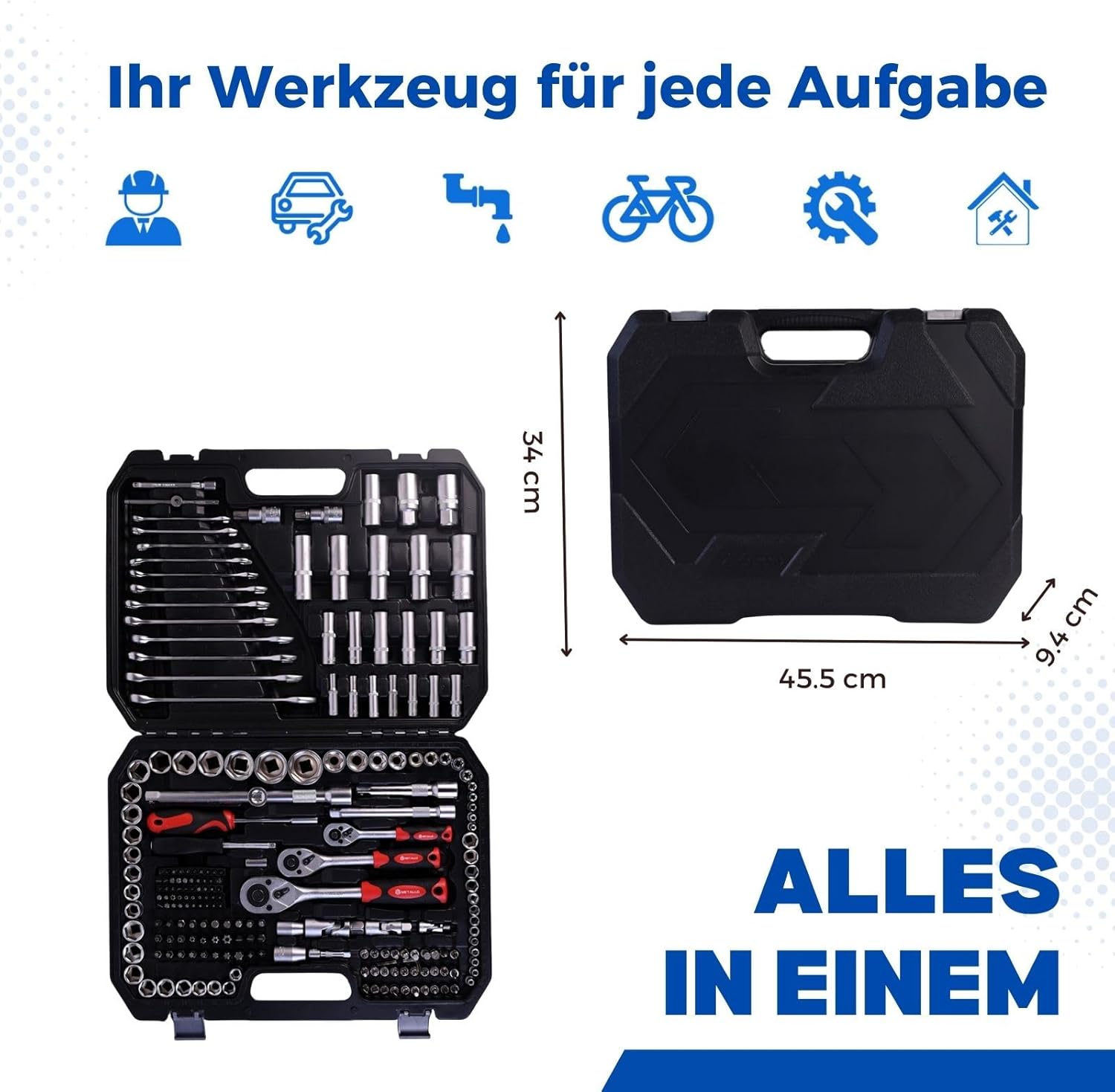 🚗 KFZ & Werkstatt – Tool Box Filled 216 Pieces, Tool Set Fully Equipped for DIY & Car, Tool Box Toolbox, Universal Tools, Stainless Steel Tool Sets for Workshop and Home in Black – Bild 7