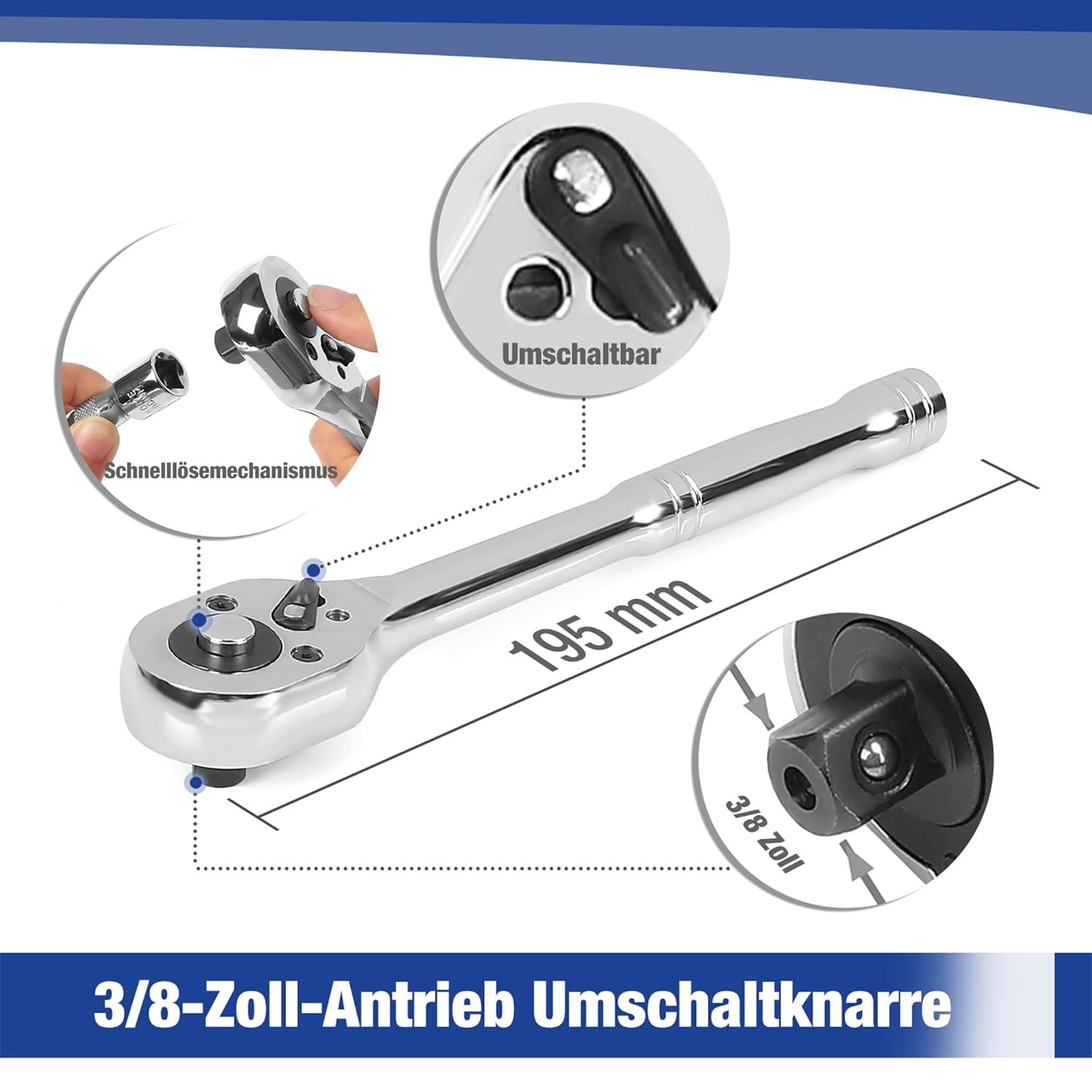 🚗 KFZ & Werkstatt – WORKPRO Socket Spanner Set 39 Pieces Reversible Ratchet 3/8 Inch Ratchet with Quick Release Function Cr-V Socket Spanner with Screwdriver Tool Box for Car – Bild 4