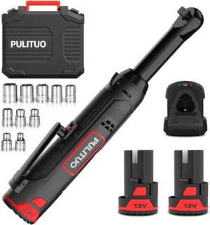 🚗 KFZ & Werkstatt – PULITUO 12 V 3/8 Inch Extended Neck Electric Ratchet Wrench Set, 40 Ft-lbs Extended Battery Ratchet Wrench Kit with 2 x 2.0 Ah Batteries & Quick Charge, 300 RPM Wireless Ratchet with 10 Inserts