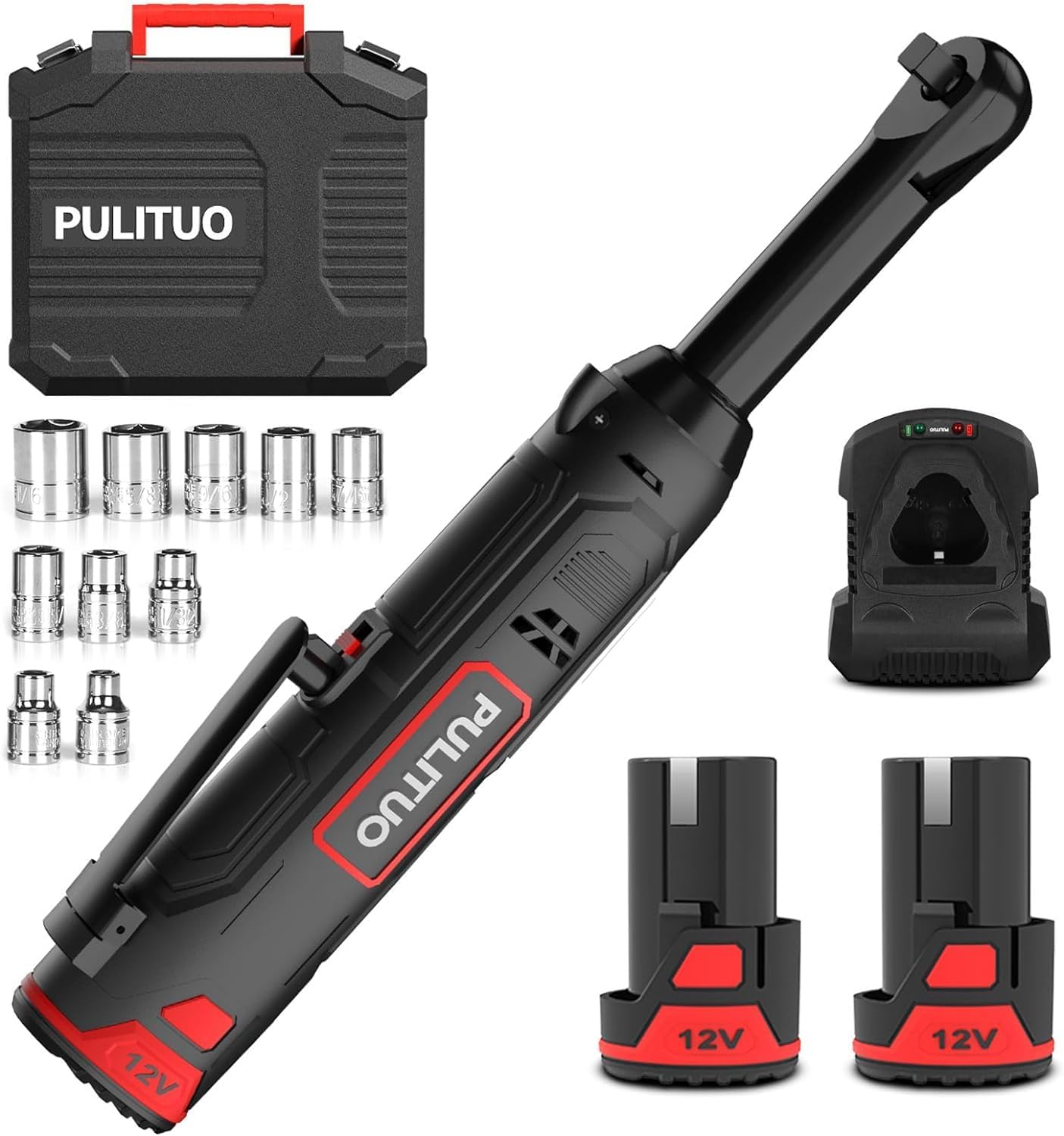 🚗 KFZ & Werkstatt – PULITUO 12 V 3/8 Inch Extended Neck Electric Ratchet Wrench Set, 40 Ft-lbs Extended Battery Ratchet Wrench Kit with 2 x 2.0 Ah Batteries & Quick Charge, 300 RPM Wireless Ratchet with 10 Inserts