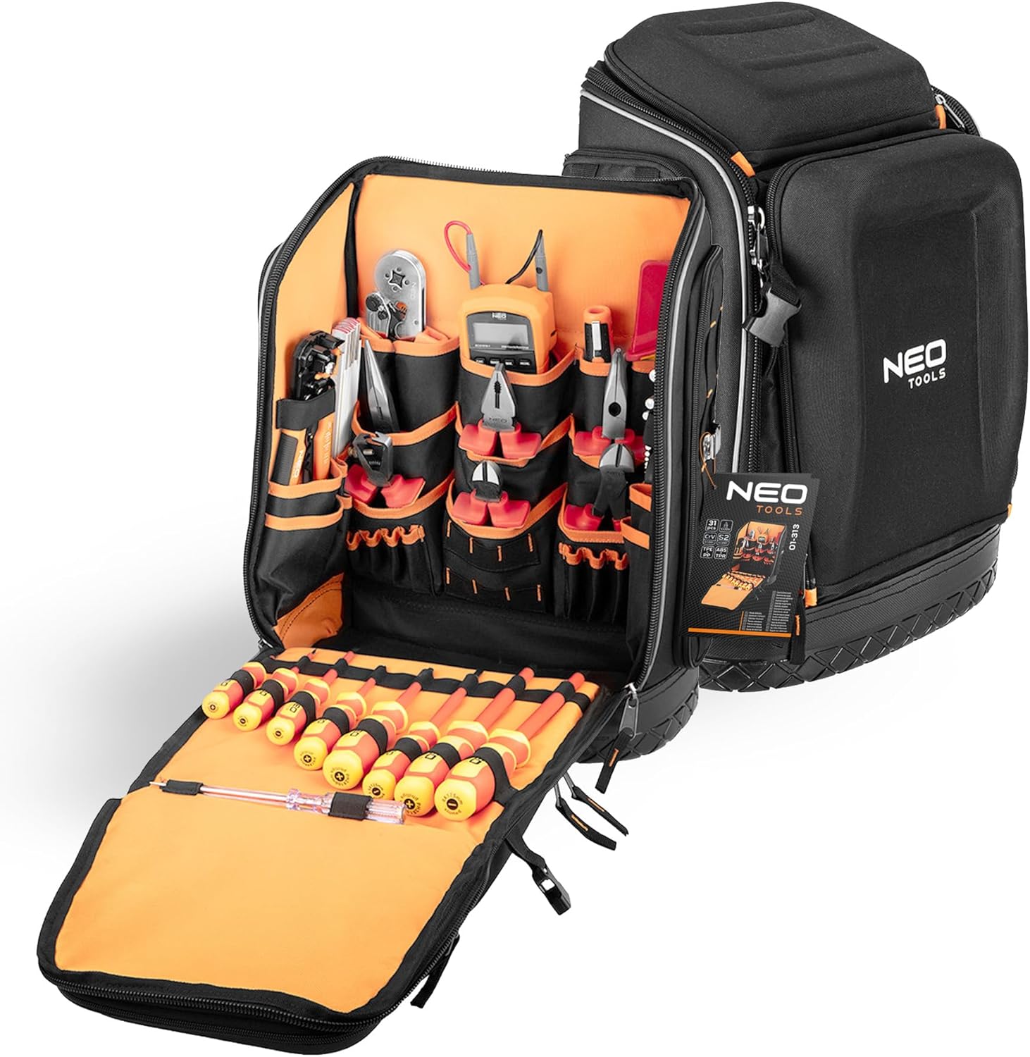 ⚡ Elektro & Technik – NEO TOOLS Electrician Tool Backpack 31 Pieces - with Tools for an Electrician | 26 Pockets, Mobile and Durable Electrician Tool Set - Electric Tool Set in a Backpack