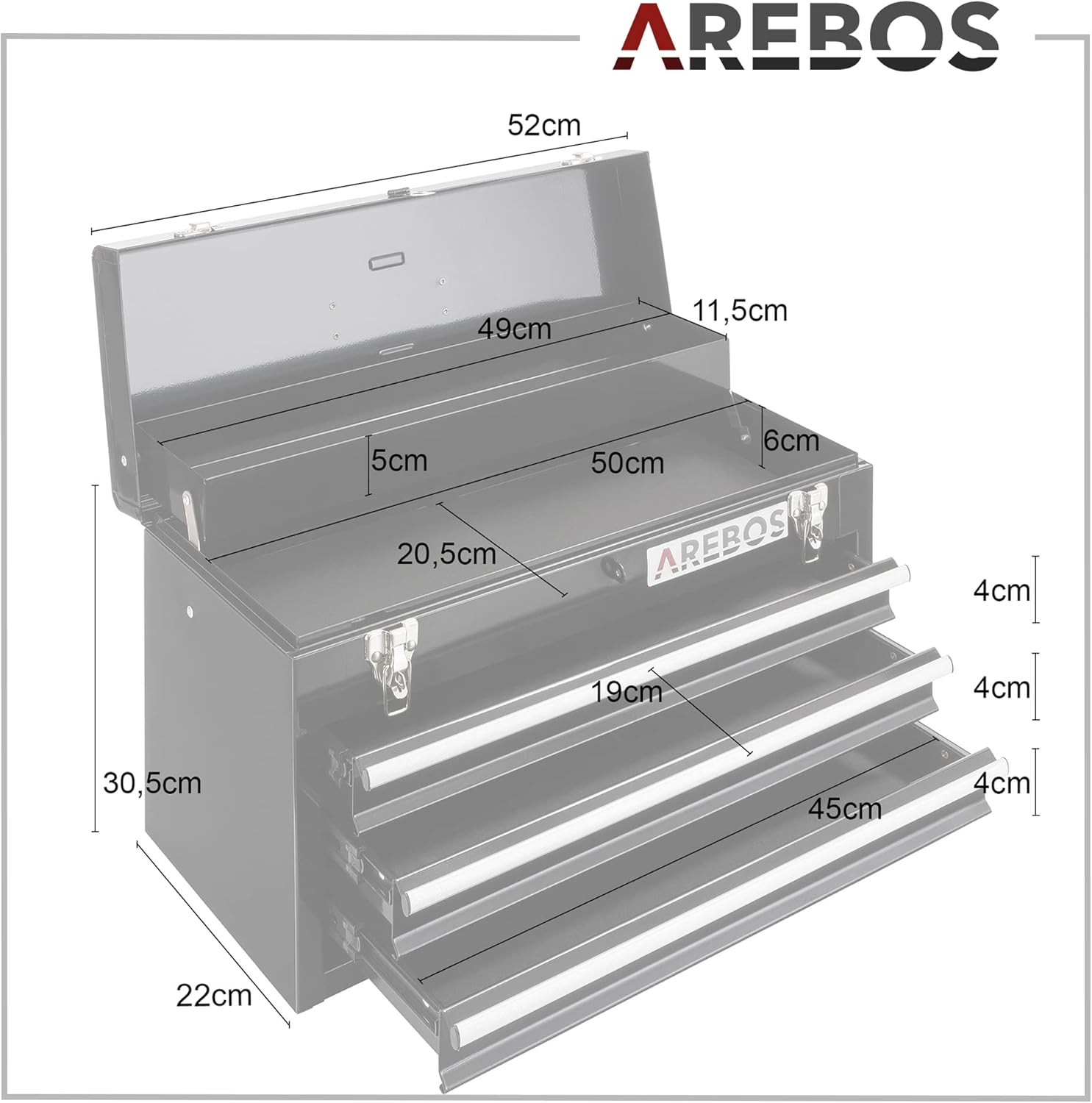 ⚒️ Bau & Montage – Arebos Werkzeugkasten mit 3 Schubladen und 2 Ablagefächern 52 x 22 x 30,5 cm | Abschließbarer Werkzeugkasten | Werkzeugkasten mit Tragegriff und Druckknöpfen | Rutschfeste Matten | Schwarz – Bild 7