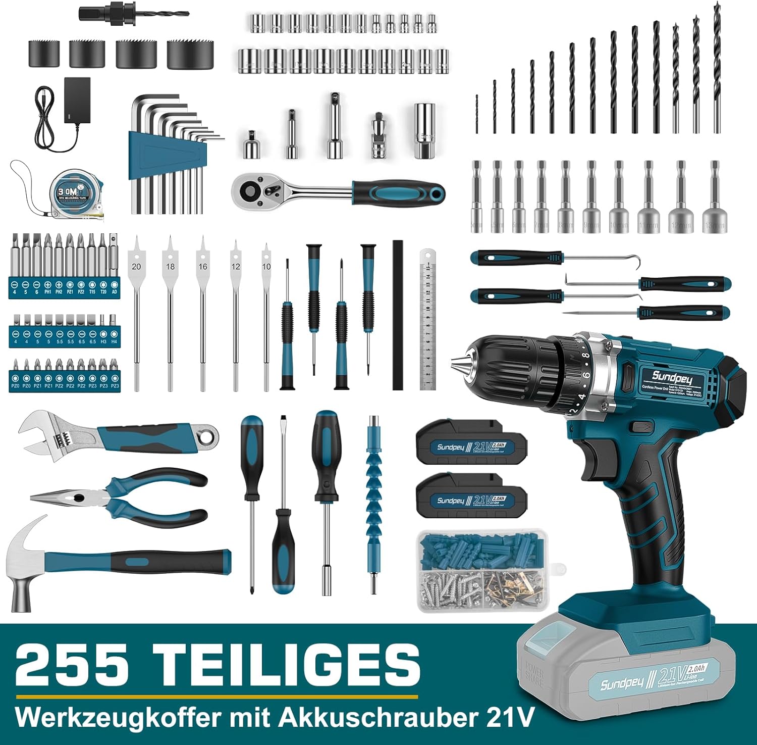 ⚡ Elektro & Technik – Sundpey 255-teiliger Werkzeugkasten mit Akkuschrauber 21 V – Set mit 2 x 2000 mAh Akku, Werkzeugkasten gefüllt für Heim-/Autoreparaturen, Werkzeugkasten-Aufbewahrungskoffer mit Schublade – Bild 2