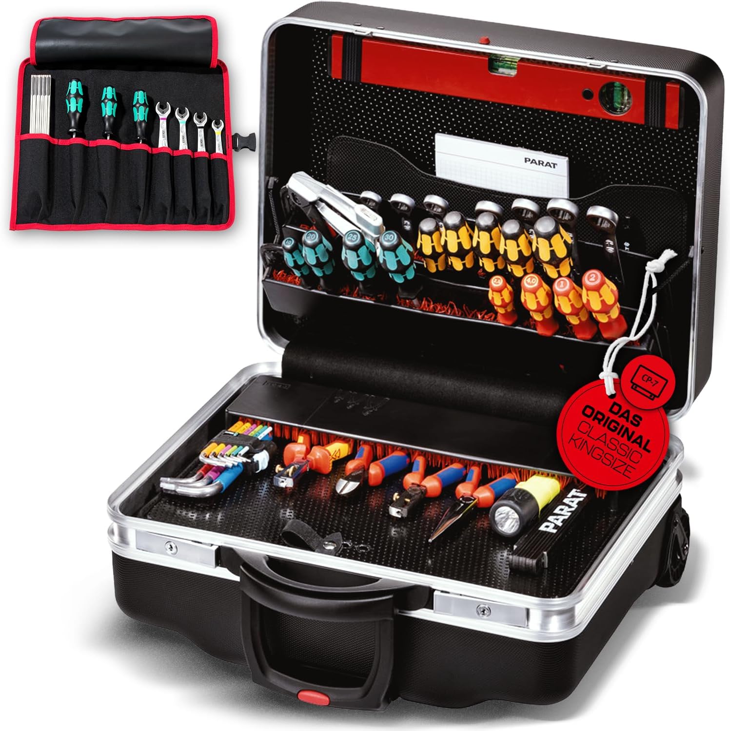 ⚡ Elektro & Technik – PARAT Classic KingSize Roll neo CP-7 | Werkzeugkoffer für 60 Werkzeuge | Inklusive Basic Roll-Up Case 8 | Rollkoffer mit CP-7-Halterungen | Bodenablage und Dokumentenfach | mit Teleskopschublade und Rädern