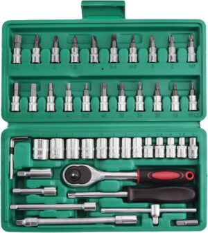 🚗 KFZ & Werkstatt – 46pcs Socket Spanner Set, Flexible Socket Set with Reversible Ratchet for Car Bicycle Motor (Colour of Toolbox is Random, Green or Black)