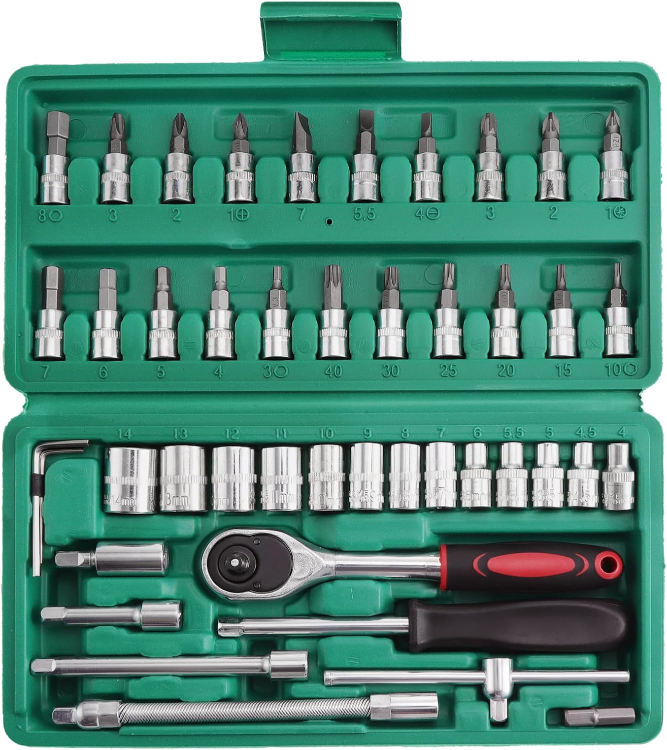 🚗 KFZ & Werkstatt – 46pcs Socket Spanner Set, Flexible Socket Set with Reversible Ratchet for Car Bicycle Motor (Colour of Toolbox is Random, Green or Black)