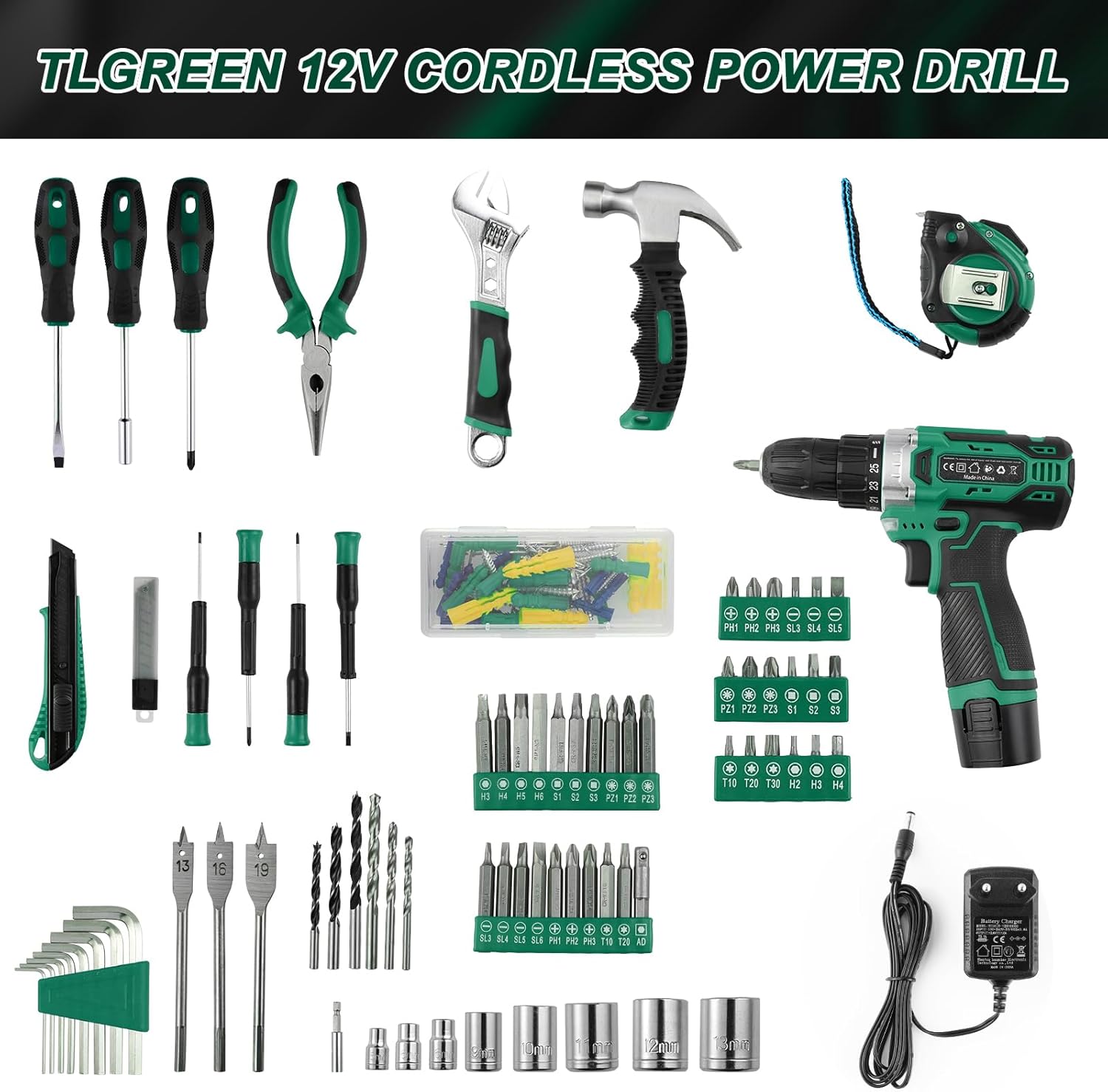 🔥 Angebote & Aktionen – TLGREEN Tool Box Cordless Screwdriver Set Filled 138 Pieces with 12 V Battery Drill Tool Set for Repairs and Maintenance, Tool Box Power Tool Household DIY (Green) – Bild 7