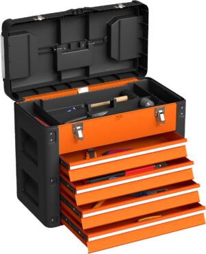 ⚒️ Bau & Montage – HOMCOM Leerer Werkzeugkasten, robuster Werkzeugkasten mit 4 Schubladenfächern, Tragegriff, Werkzeugkasten für Werkzeug, Haushalt, Werkstatt, Orange