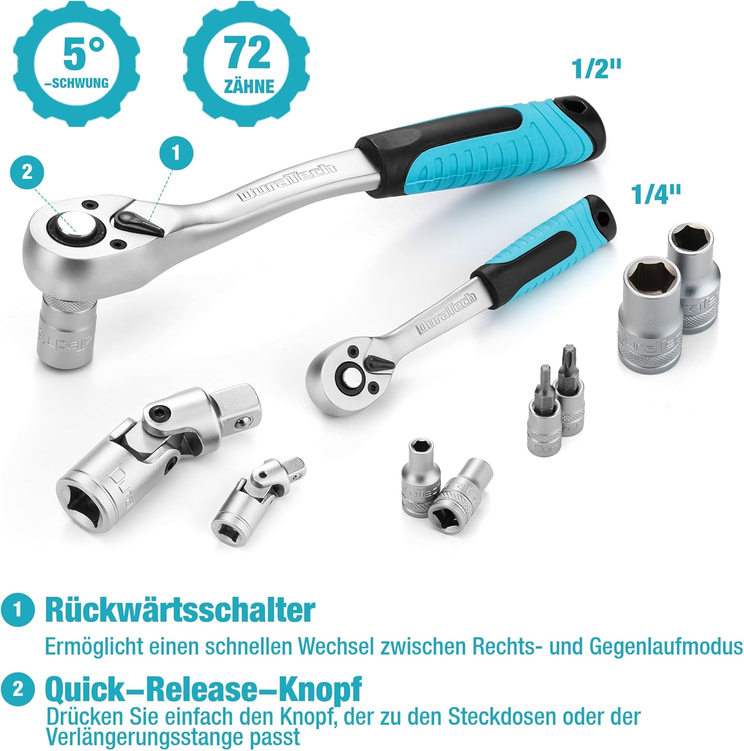 🚗 KFZ & Werkstatt – DURATECH Socket Spanner Set 108 Pieces Ratchet Box Socket Spanner Set with 1/2 Inch and 1/4 Inch Reversible Ratchet, Extensions, Bits, Sockets, Chrome Vanadium Steel, Includes Case – Bild 2