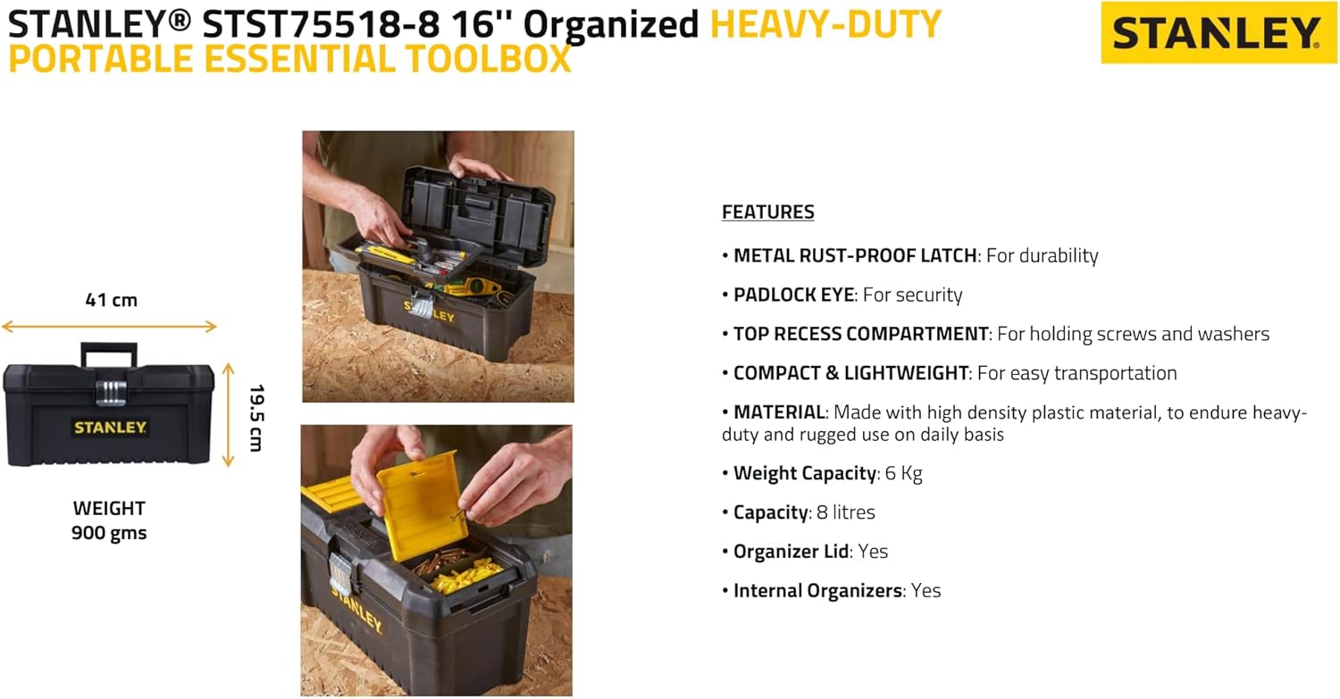 ⚒️ Bau & Montage – Stanley STST1-75518 Essential 16 Zoll Werkzeugkasten mit Metallverschlüssen, Schwarz/Gelb, Zoll – Bild 7