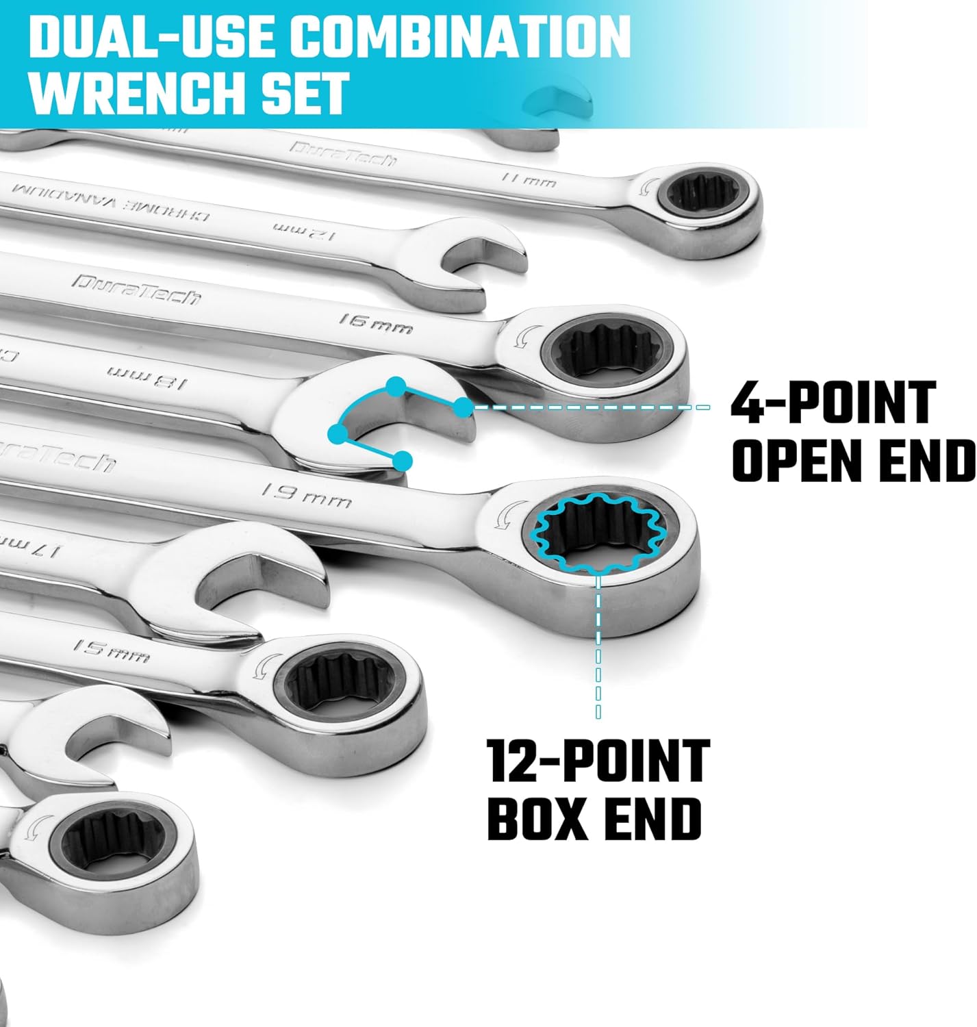 🚗 KFZ & Werkstatt – DURATECH 12-Piece Combination Ratchet Spanner Set with Fixed Head, Combination Spanner Set, Metric, 8-19 mm, Cr-V Steel, Organised in Storage Case – Bild 5