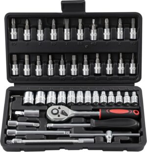 🚗 KFZ & Werkstatt – 46-Piece Socket Spanner Set Ratchet Box 1/4 Inch Drive Metic Socket Spanner and Bit Set Ratchet Set with Quick Release Ratchet Wrench, Extension Bars for Car Bicycle Motor