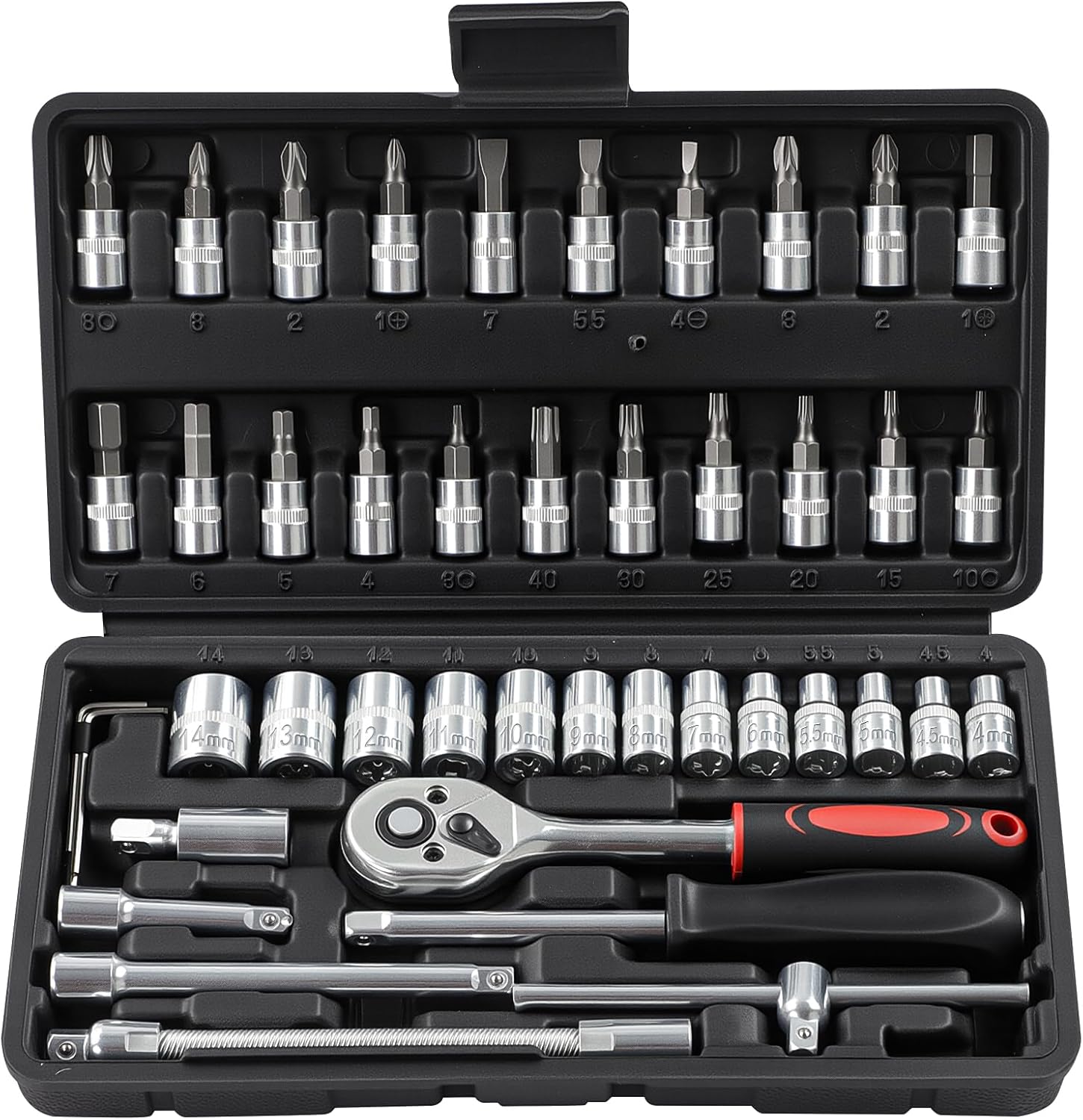 🚗 KFZ & Werkstatt – 46-Piece Socket Spanner Set Ratchet Box 1/4 Inch Drive Metic Socket Spanner and Bit Set Ratchet Set with Quick Release Ratchet Wrench, Extension Bars for Car Bicycle Motor