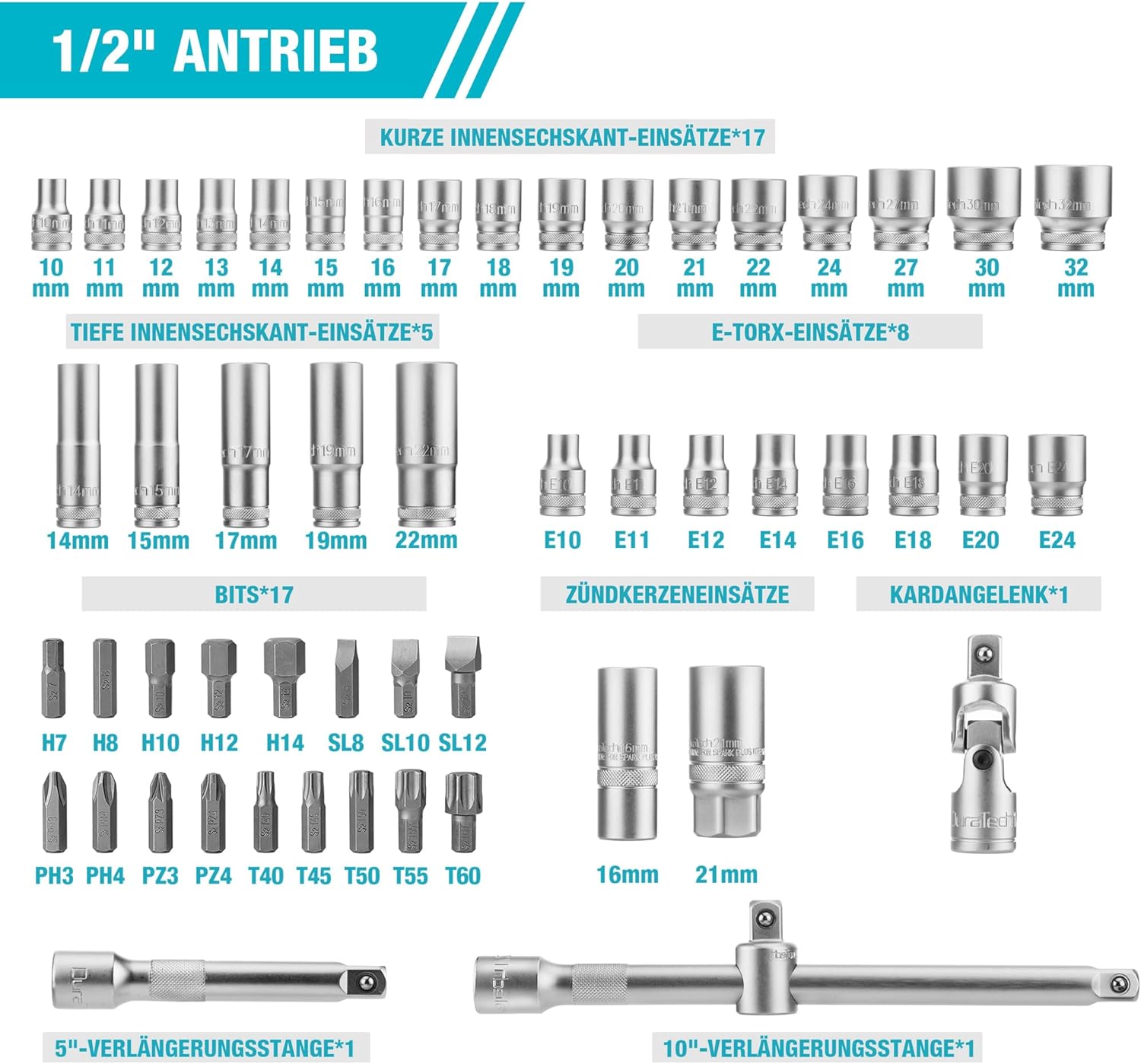🚗 KFZ & Werkstatt – DURATECH Socket Spanner Set 108 Pieces Ratchet Box Socket Spanner Set with 1/2 Inch and 1/4 Inch Reversible Ratchet, Extensions, Bits, Sockets, Chrome Vanadium Steel, Includes Case – Bild 7