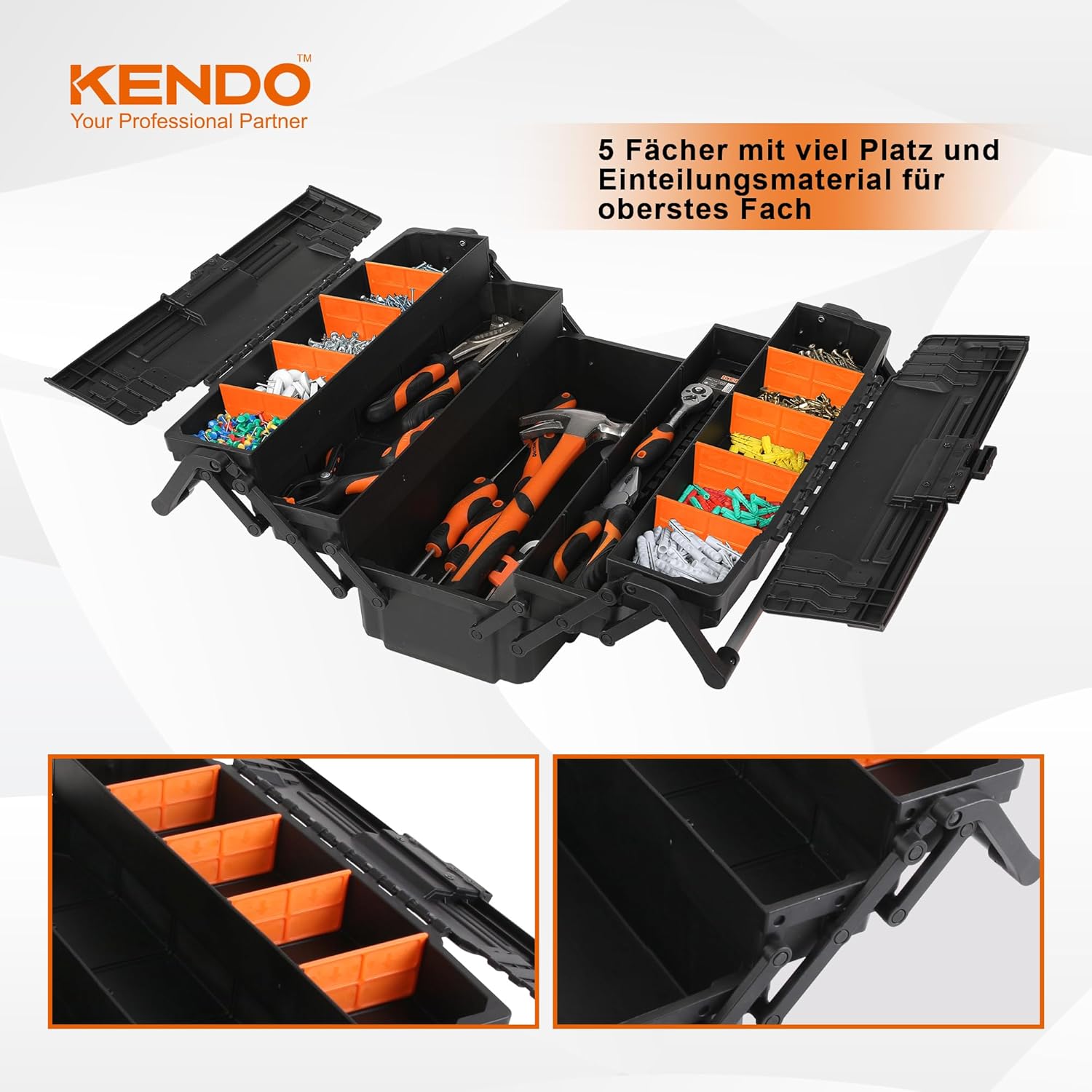 ⚒️ Bau & Montage – KENDO Empty Plastic Tool Box - Lightweight and Extremely Robust - 46.5 x 23 x 21 cm - 4 Hinged Compartments with Flexible Dividers - Assembly Tool Box - Tool Storage for DIY Enthusiasts – Bild 4