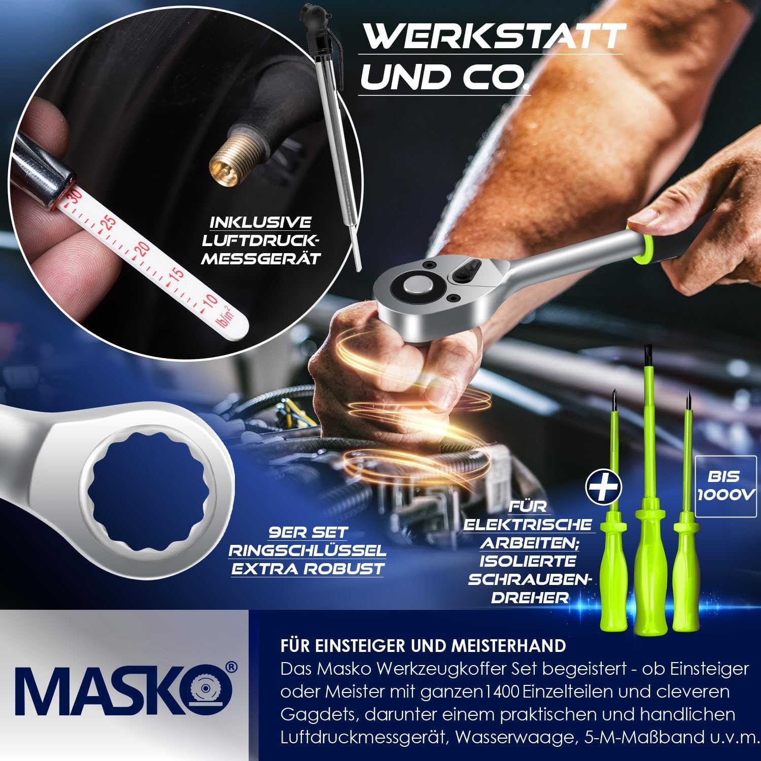 ⚡ Elektro & Technik – MASKO Werkzeugkoffer 1400 Teile gefüllt | Werkzeugset im Aluminiumkoffer | Werkzeugkasten mit Rollen | Werkzeugkasten Haushalt, Haus, Hobby, Auto | Trolley-Funktion | Professioneller Werkzeugwagen für Handwerkzeuge – Bild 5