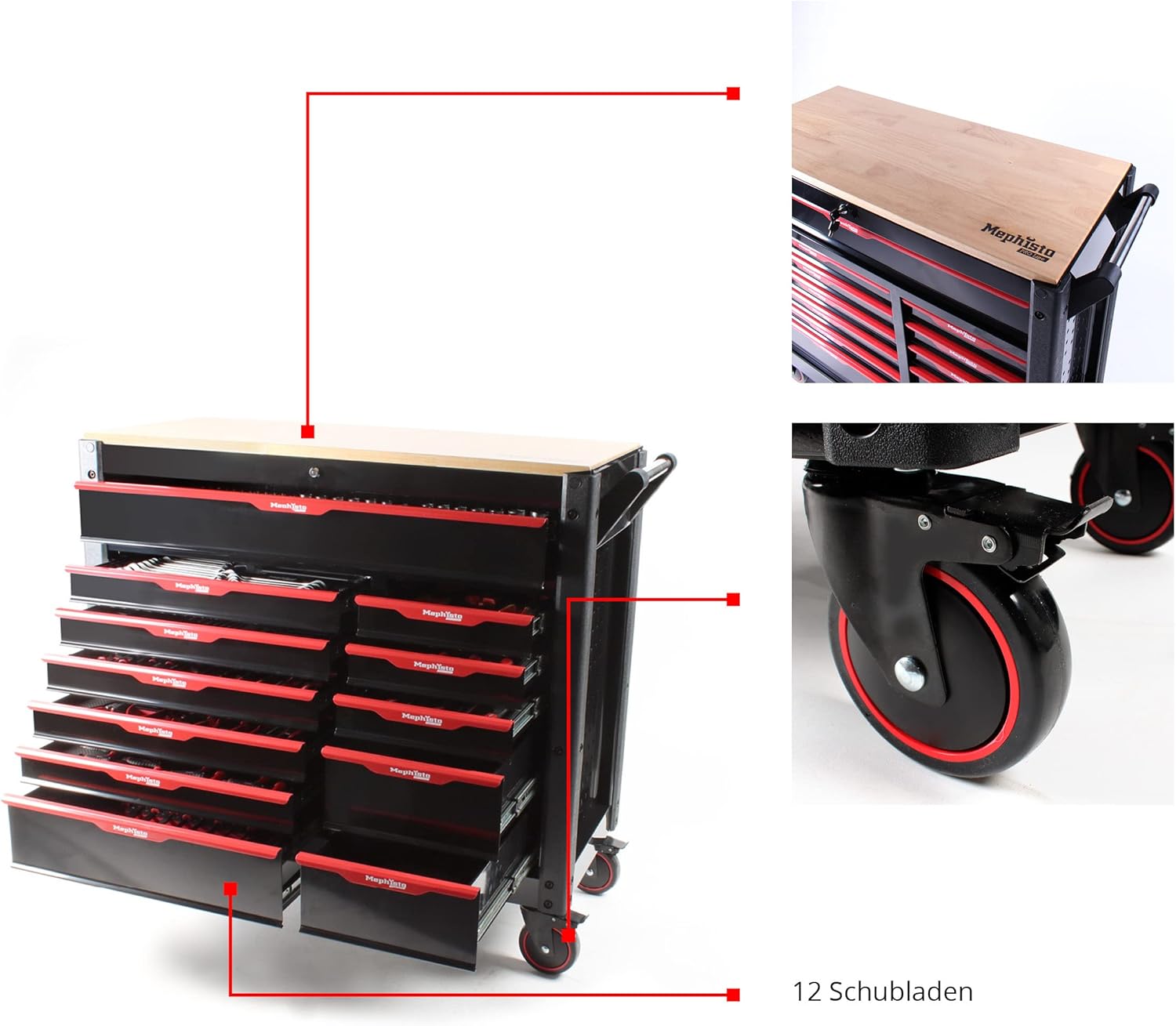 ⚒️ Bau & Montage – Mephisto Pro-Line BIG Werkzeugwagen, Werkstattwagen, gefüllt mit 12 Schubladen, davon 11 inklusive Werkzeug wie VDE-Schraubendreher, Ratsche mit Nussbox, Schraubendrehersatz in Soft-Einlagen im Carbon-Lock – Bild 6