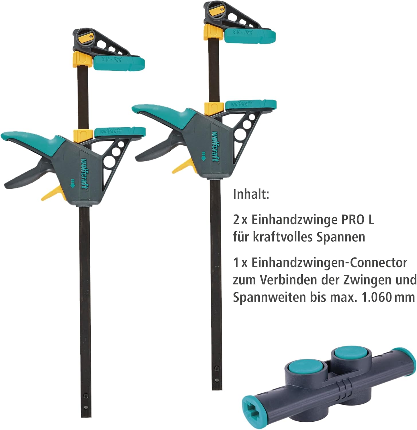 🔥 Angebote & Aktionen – wolfcraft XL 8624000 Single-Handed Clamps Set Flexible Spans of up to 1060 mm Clamping Force 120 kg 2 One-Handed Clamps PRO L + Connector – Bild 2