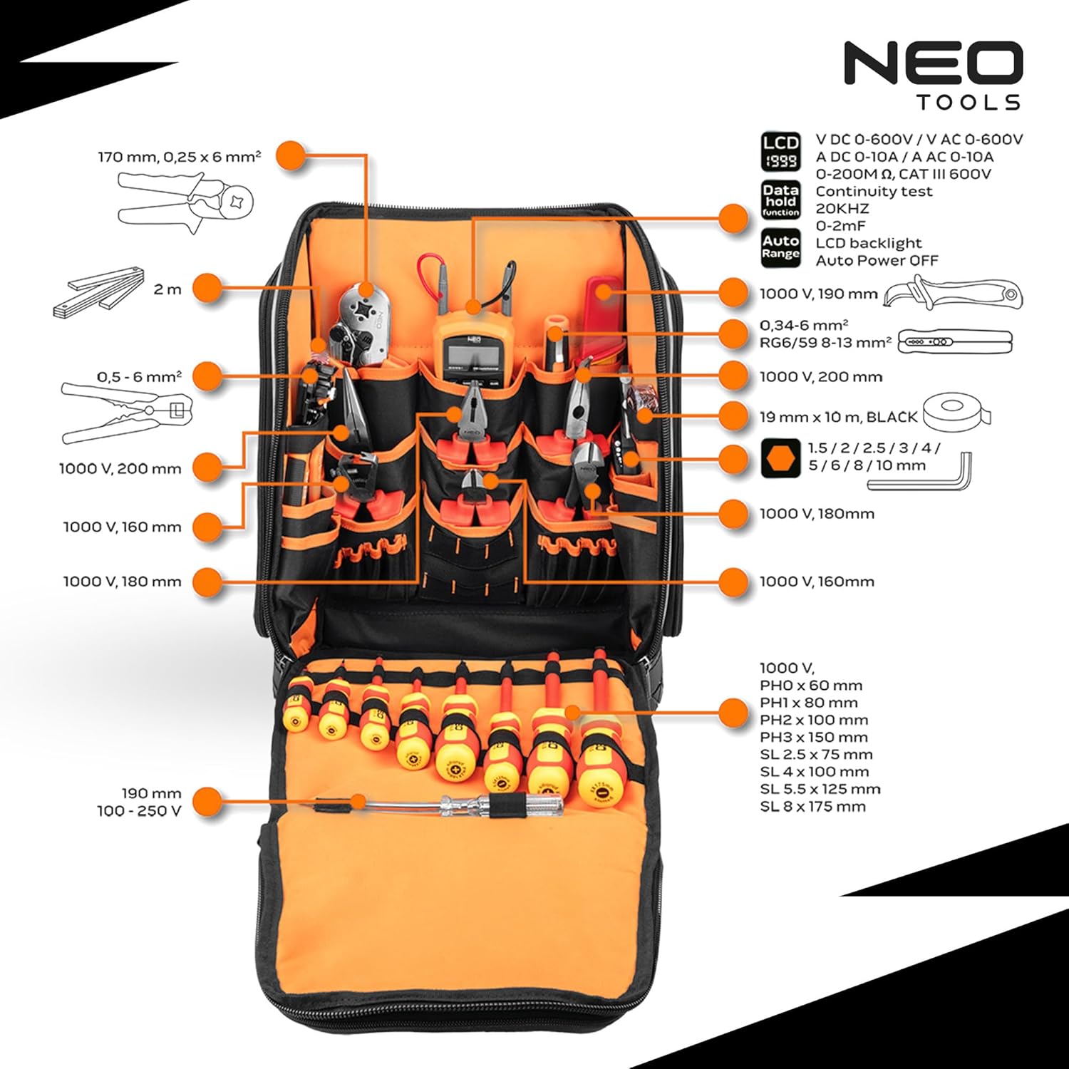 ⚡ Elektro & Technik – NEO TOOLS Electrician Tool Backpack 31 Pieces - with Tools for an Electrician | 26 Pockets, Mobile and Durable Electrician Tool Set - Electric Tool Set in a Backpack – Bild 3