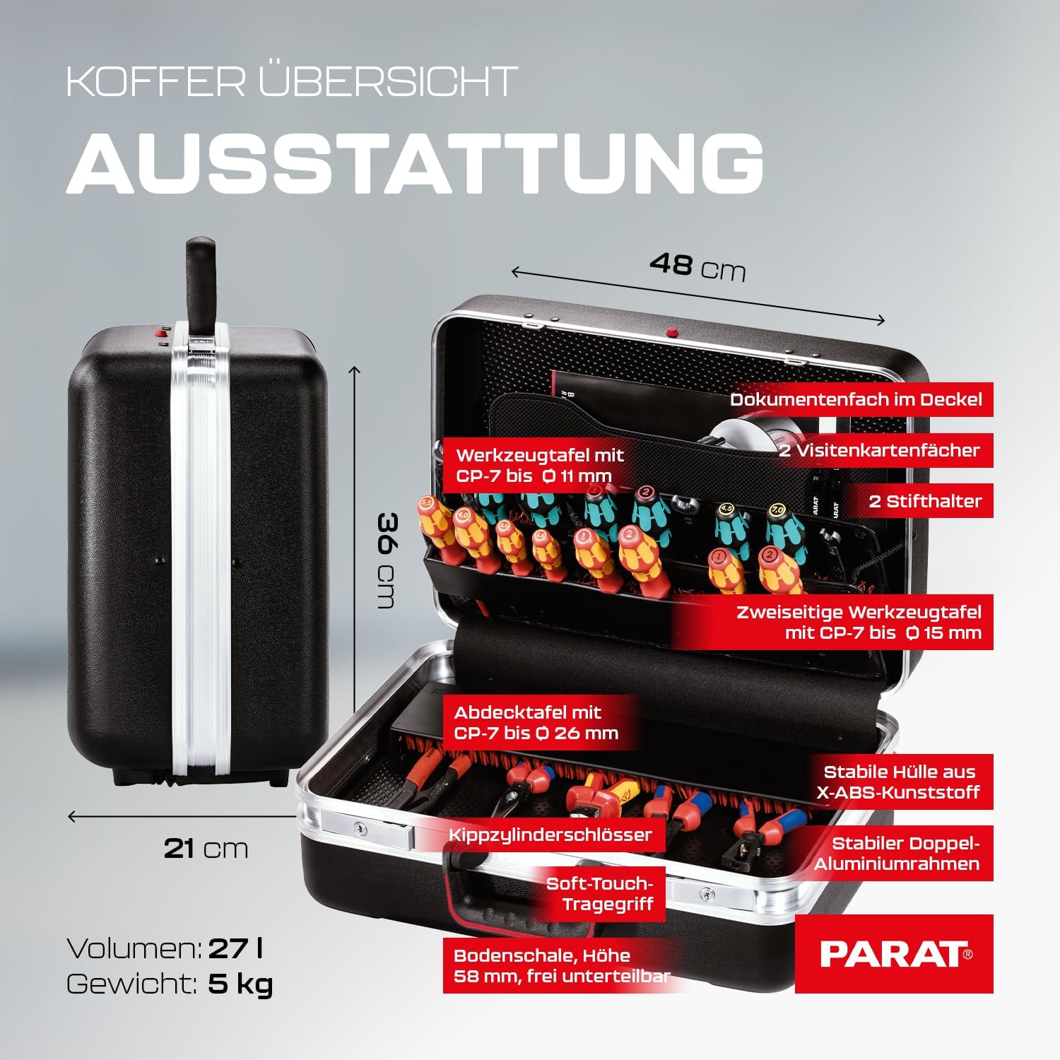 ⚡ Elektro & Technik – PARAT Classic Plus CP-7 | Werkzeugkasten für 51 Werkzeuge | Inklusive Basic Roll-Up Case 8 | Bastelkoffer mit CP-7-Haltern | Werkzeugkasten mit Bodenablage und Dokumentenfach | Mit Aluminiumrahmen – Bild 7