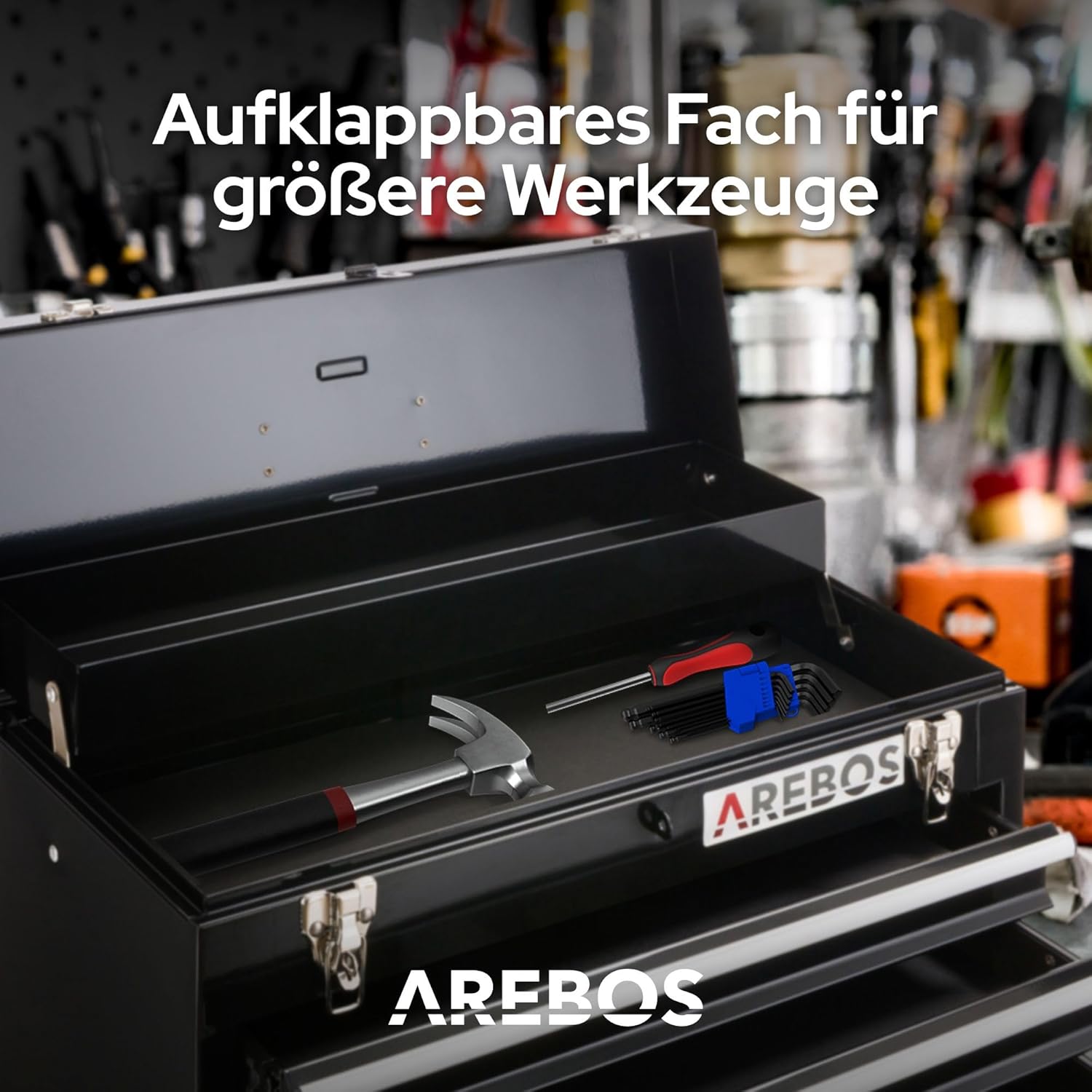 ⚒️ Bau & Montage – Arebos Werkzeugkasten mit 3 Schubladen und 2 Ablagefächern 52 x 22 x 30,5 cm | Abschließbarer Werkzeugkasten | Werkzeugkasten mit Tragegriff und Druckknöpfen | Rutschfeste Matten | Schwarz – Bild 3