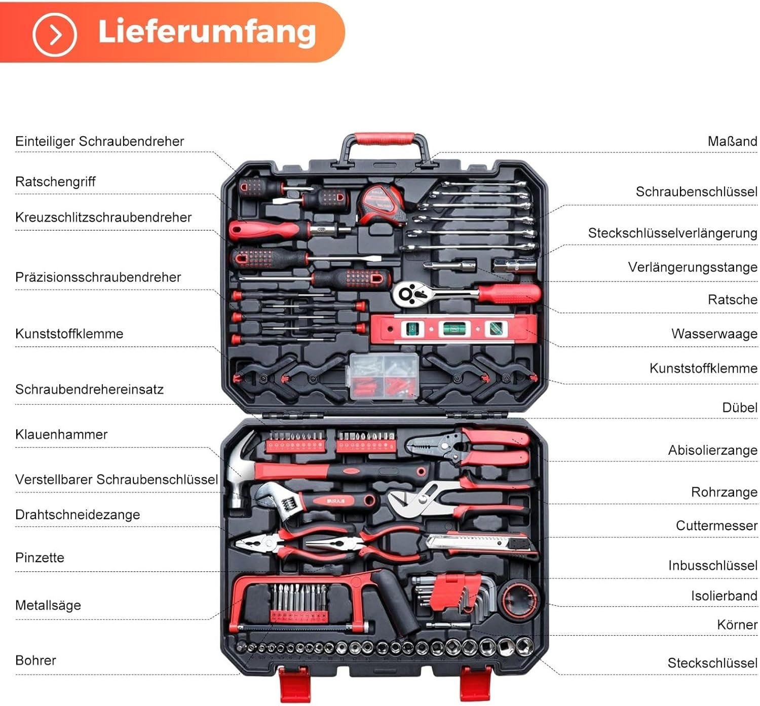 ⚒️ Bau & Montage – Werkzeugkoffer gefüllt 156-teilig, Werkzeugset komplett ausgestattet für Heimwerker & Auto, Werkzeugkoffer Werkzeugkasten, Universalwerkzeuge, Edelstahl-Werkzeugsets für Werkstatt und Haushalt in Schwarz – Bild 2
