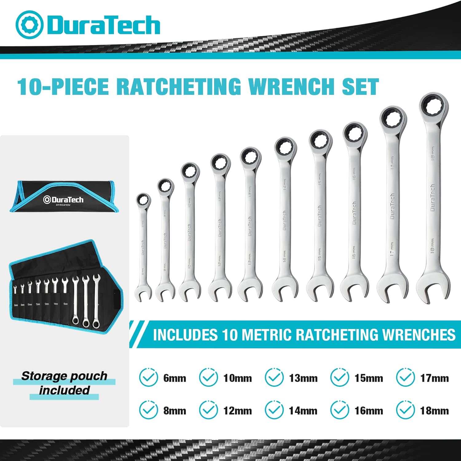 🚗 KFZ & Werkstatt – DURATECH Ratchet Wrench Set, 10 Pieces, 6-18 mm, Open-End Spanner Ring Set, with 72 Teeth, 5° Swivel Range, Chrome Vanadium Steel, Includes Roll Bag – Bild 2