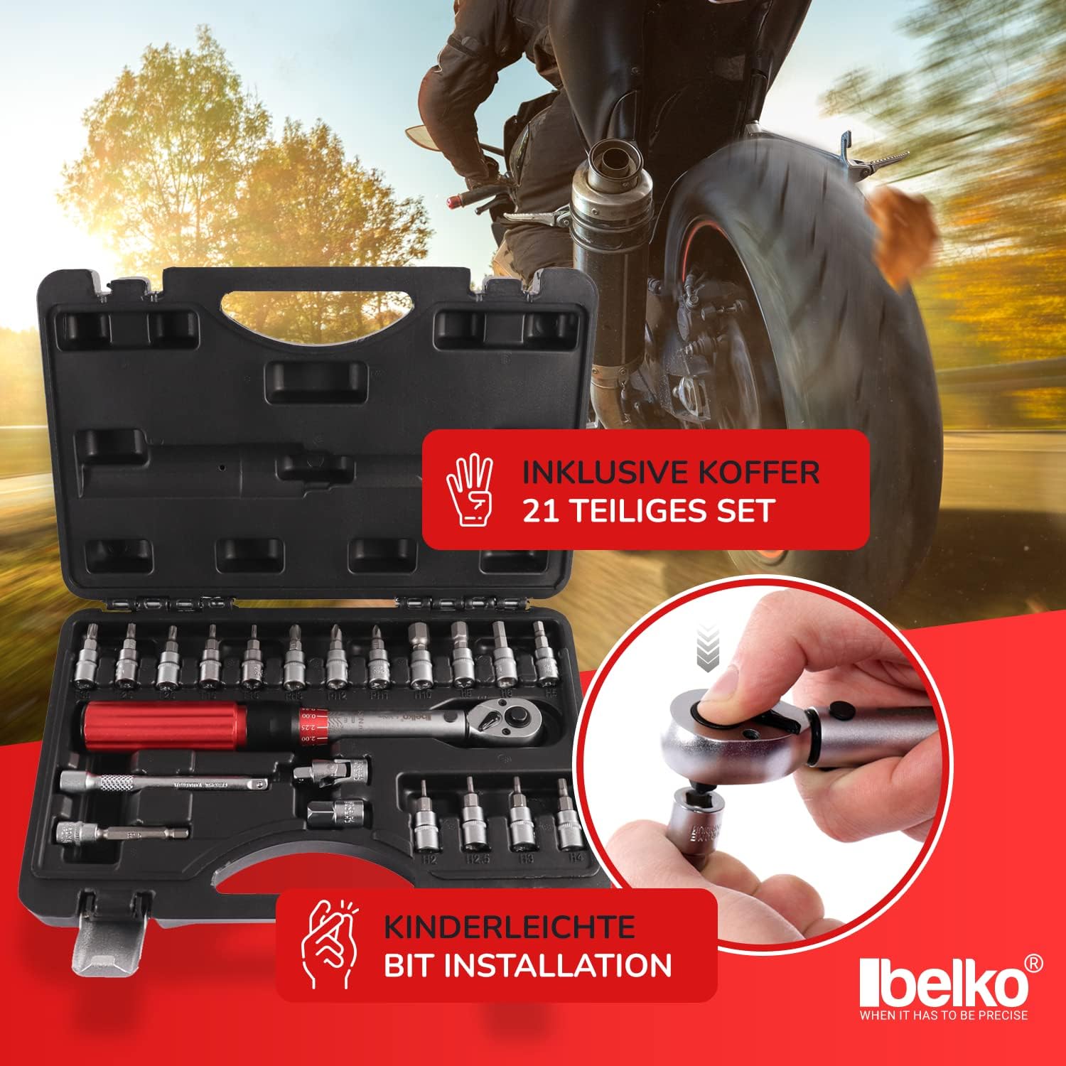 🚗 KFZ & Werkstatt – BELKO Torque Wrench 1/4 Inch, 5-30 Nm, Reversible Ratchet, Ratchet Box, Bicycle & Motorcycle, Includes 3/8 Inch Adapter, Hexagon Socket, Torx, Phillips Bits, Extension and Much More, Set of 22 – Bild 4
