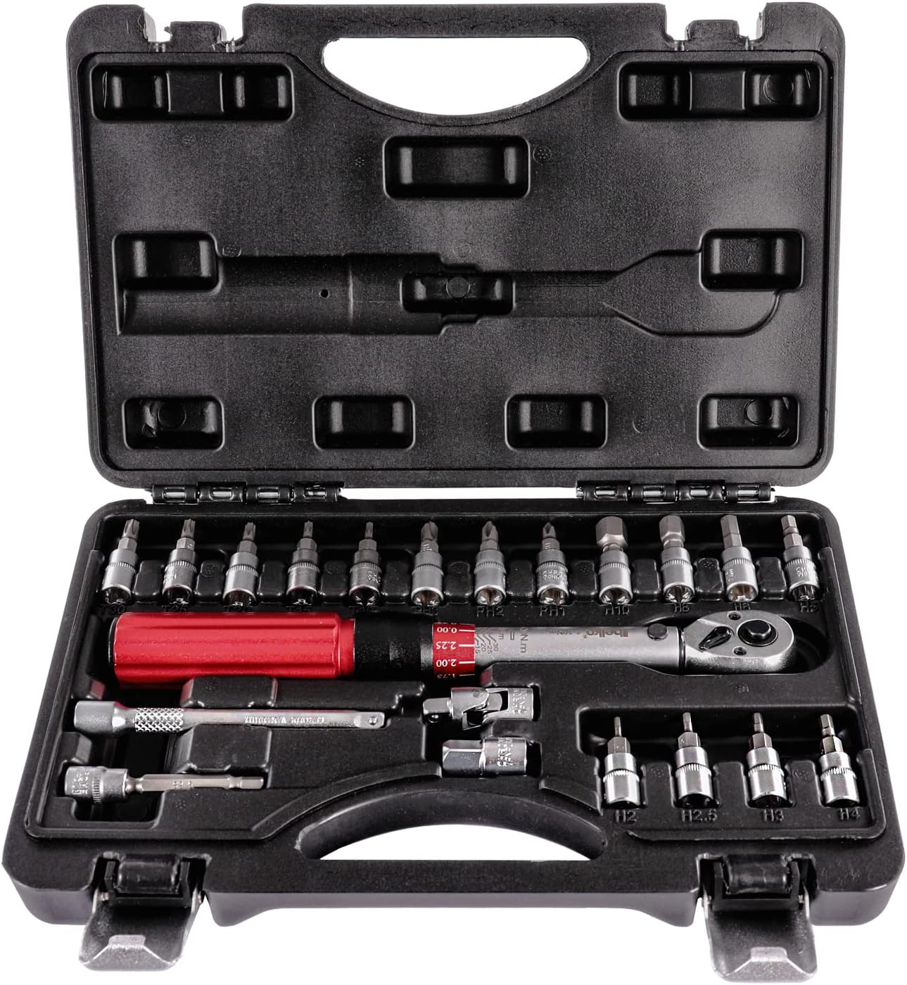 🚗 KFZ & Werkstatt – BELKO Torque Wrench 1/4 Inch, 5-30 Nm, Reversible Ratchet, Ratchet Box, Bicycle & Motorcycle, Includes 3/8 Inch Adapter, Hexagon Socket, Torx, Phillips Bits, Extension and Much More, Set of 22 – Bild 7