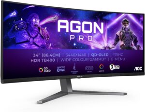 🔥 Angebote & Aktionen – AOC Agon PRO AG346UCDAM - 34 Inch WQHD OLED Curved Gaming Monitor, 175 Hz, 0.03 ms, FreeSync Premium Pro, G-Sync Comp., HDR400 (3440 x 1440, 2 x HDMI, DisplayPort, USB Hub) Black