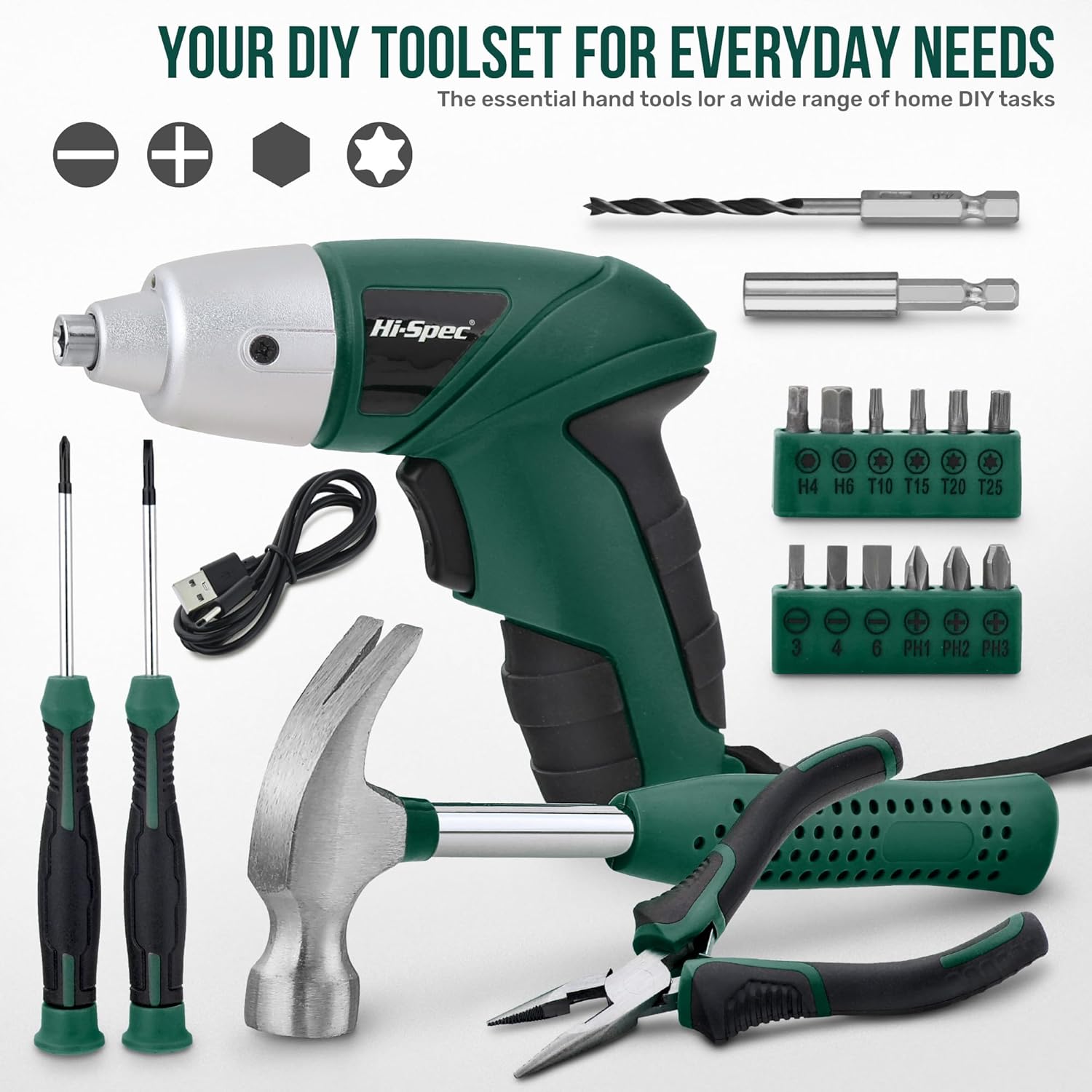 🔥 Angebote & Aktionen – Hi-Spec 19-Piece Green Tool Set with USB 3.6 V Cordless Screwdriver. Small Tool Set with Electric Screwdriver, Bit Set, Hammer, Pliers and More All in a Small Tool Box – Bild 2