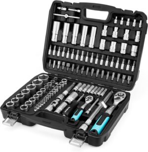 🚗 KFZ & Werkstatt – DURATECH Socket Spanner Set 108 Pieces Ratchet Box Socket Spanner Set with 1/2 Inch and 1/4 Inch Reversible Ratchet, Extensions, Bits, Sockets, Chrome Vanadium Steel, Includes Case