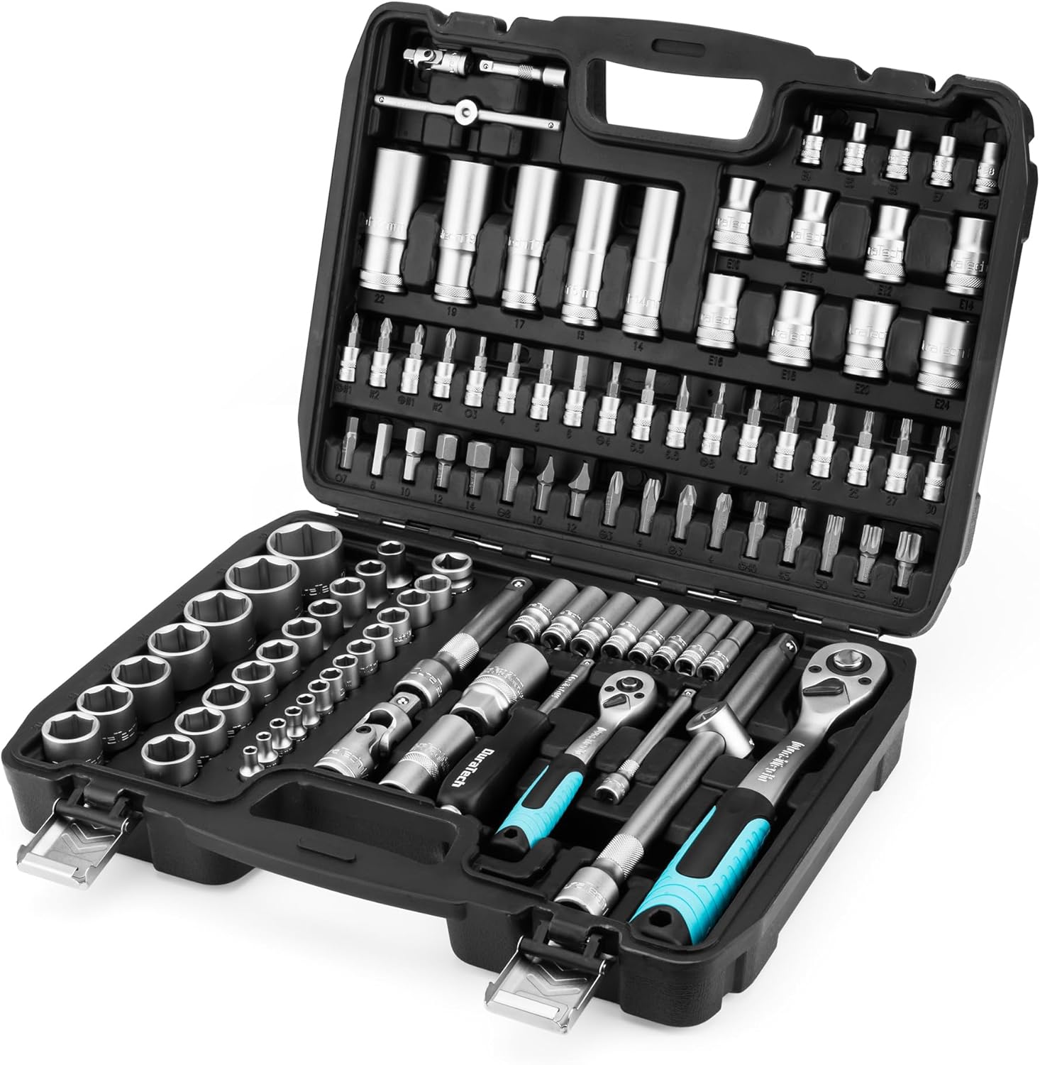 🚗 KFZ & Werkstatt – DURATECH Socket Spanner Set 108 Pieces Ratchet Box Socket Spanner Set with 1/2 Inch and 1/4 Inch Reversible Ratchet, Extensions, Bits, Sockets, Chrome Vanadium Steel, Includes Case