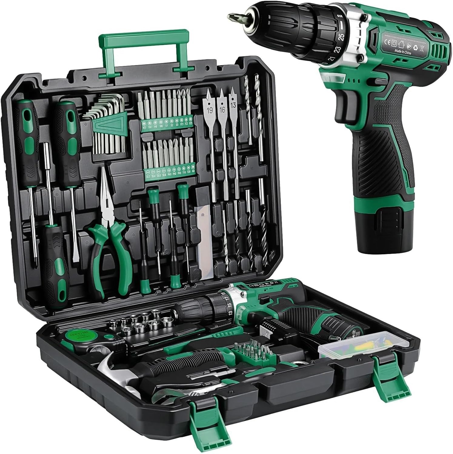 🔥 Angebote & Aktionen – TLGREEN Tool Box Cordless Screwdriver Set Filled 138 Pieces with 12 V Battery Drill Tool Set for Repairs and Maintenance, Tool Box Power Tool Household DIY (Green)