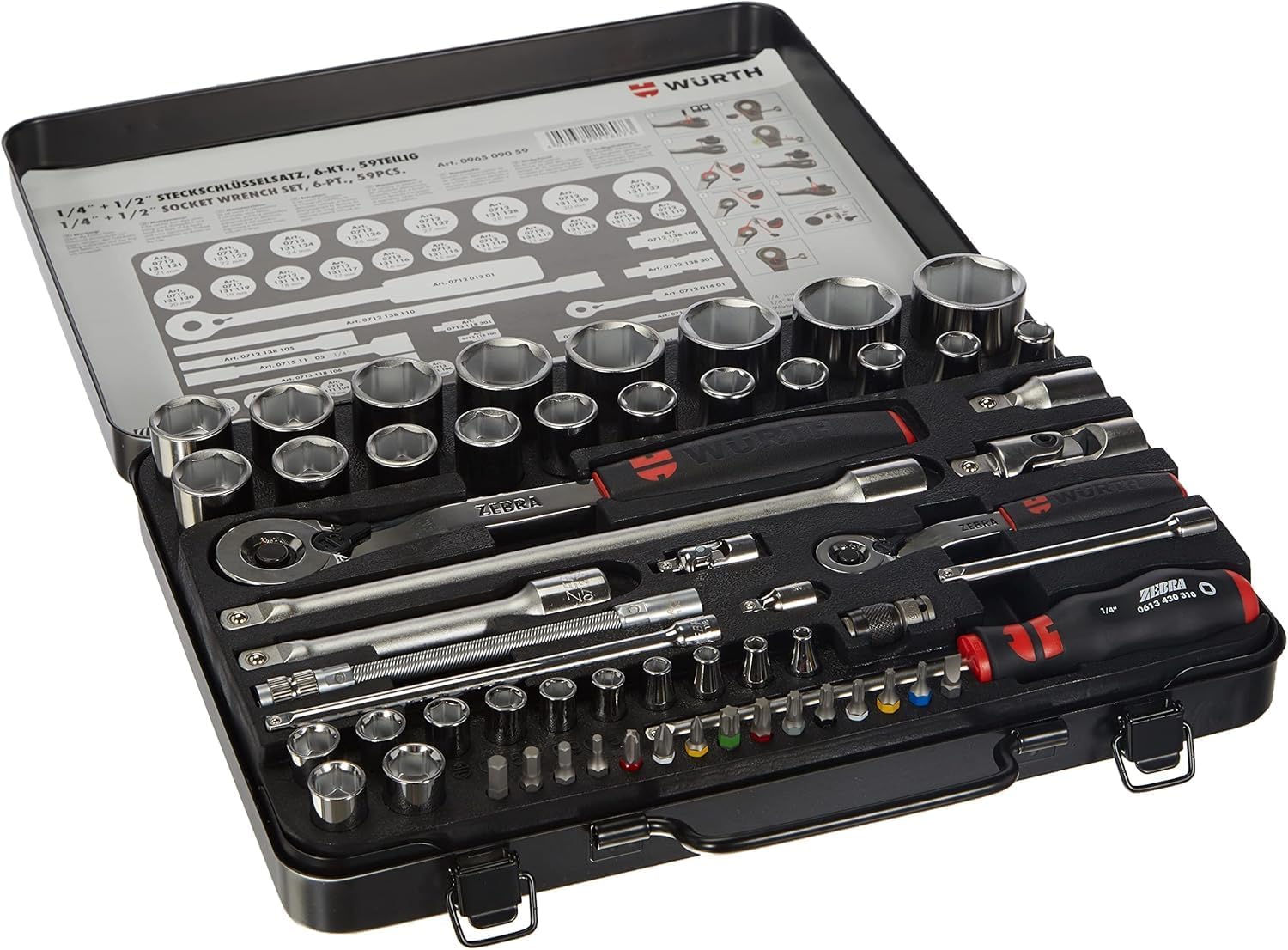 🚗 KFZ & Werkstatt – Würth Zebra 096509059 Socket Spanner Set 1/4 + 1/2 Inch Ratchet Box 59 Pieces Silver Black Red