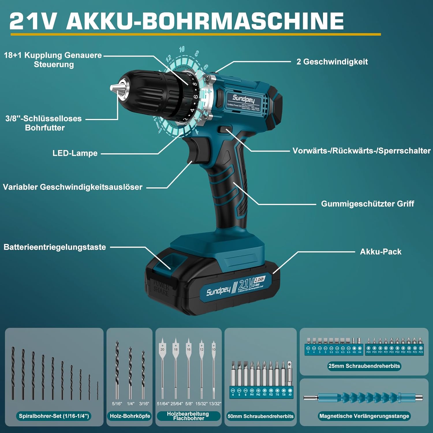 ⚡ Elektro & Technik – Sundpey 255-teiliger Werkzeugkasten mit Akkuschrauber 21 V – Set mit 2 x 2000 mAh Akku, Werkzeugkasten gefüllt für Heim-/Autoreparaturen, Werkzeugkasten-Aufbewahrungskoffer mit Schublade – Bild 3