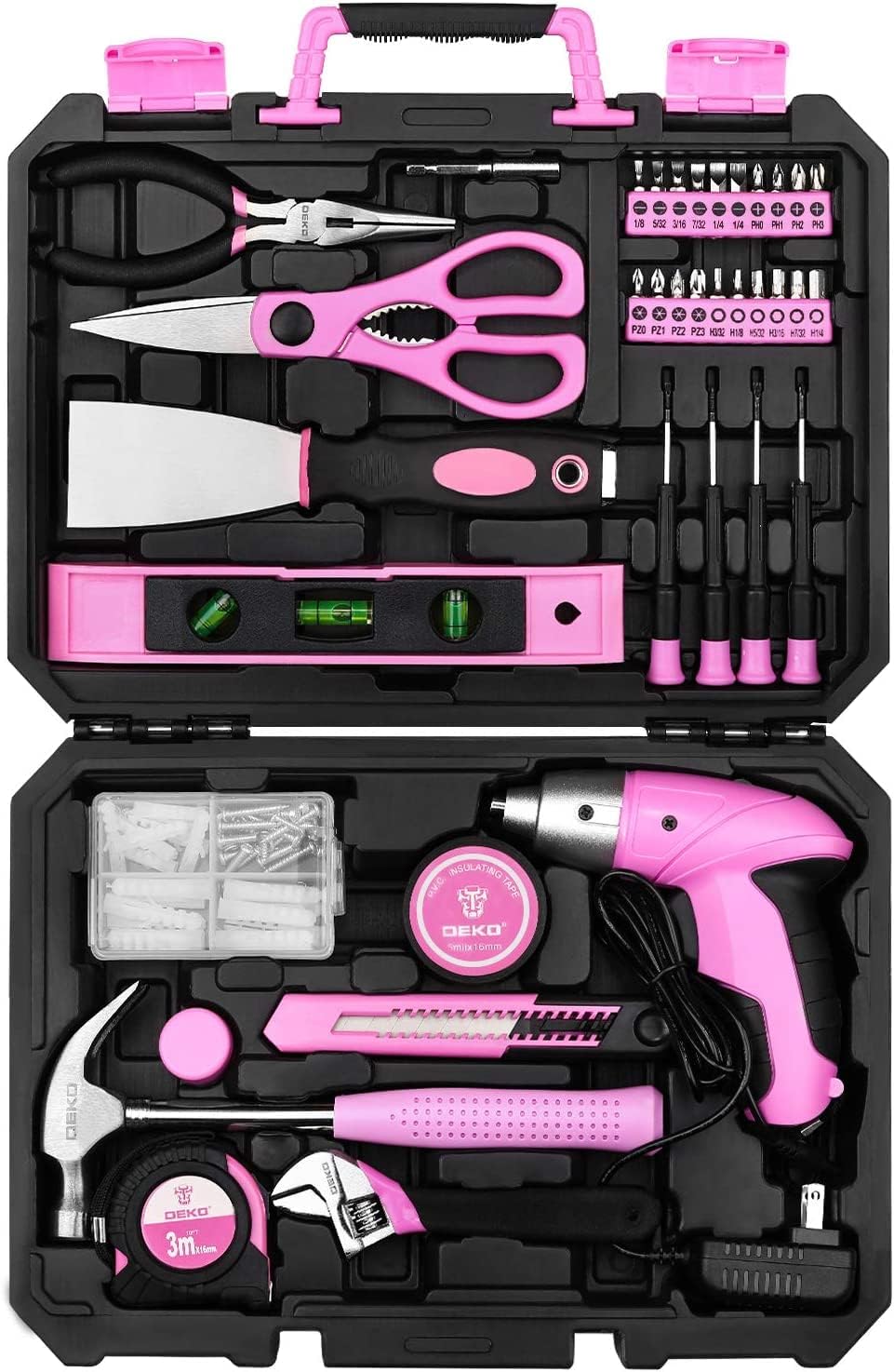 ⚒️ Bau & Montage – DEKO Werkzeugkasten rosa 98-teilig mit wiederaufladbarem 3,6-V-Akkuschrauber. Komplettset aus Haus-, Büro- und Werkstattwartung, Hardware- und Heimwerker-Werkzeugset