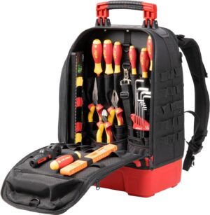 ⚡ Elektro & Technik – Wiha Elektriker-Werkzeugrucksack 27-teilig I mit Elektriker-Grundausstattung I Stabiler Boden I mit Laptopfach I Taschen für Zubehör (45528)