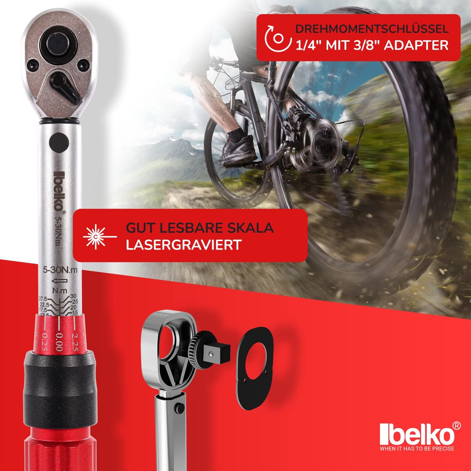 🚗 KFZ & Werkstatt – BELKO Torque Wrench 1/4 Inch, 5-30 Nm, Reversible Ratchet, Ratchet Box, Bicycle & Motorcycle, Includes 3/8 Inch Adapter, Hexagon Socket, Torx, Phillips Bits, Extension and Much More, Set of 22 – Bild 3
