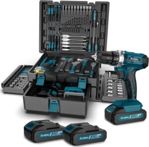 ⚡ Elektro & Technik – Sundpey 255-teiliger Werkzeugkasten mit Akkuschrauber 21 V – Set mit 2 x 2000 mAh Akku, Werkzeugkasten gefüllt für Heim-/Autoreparaturen, Werkzeugkasten-Aufbewahrungskoffer mit Schublade