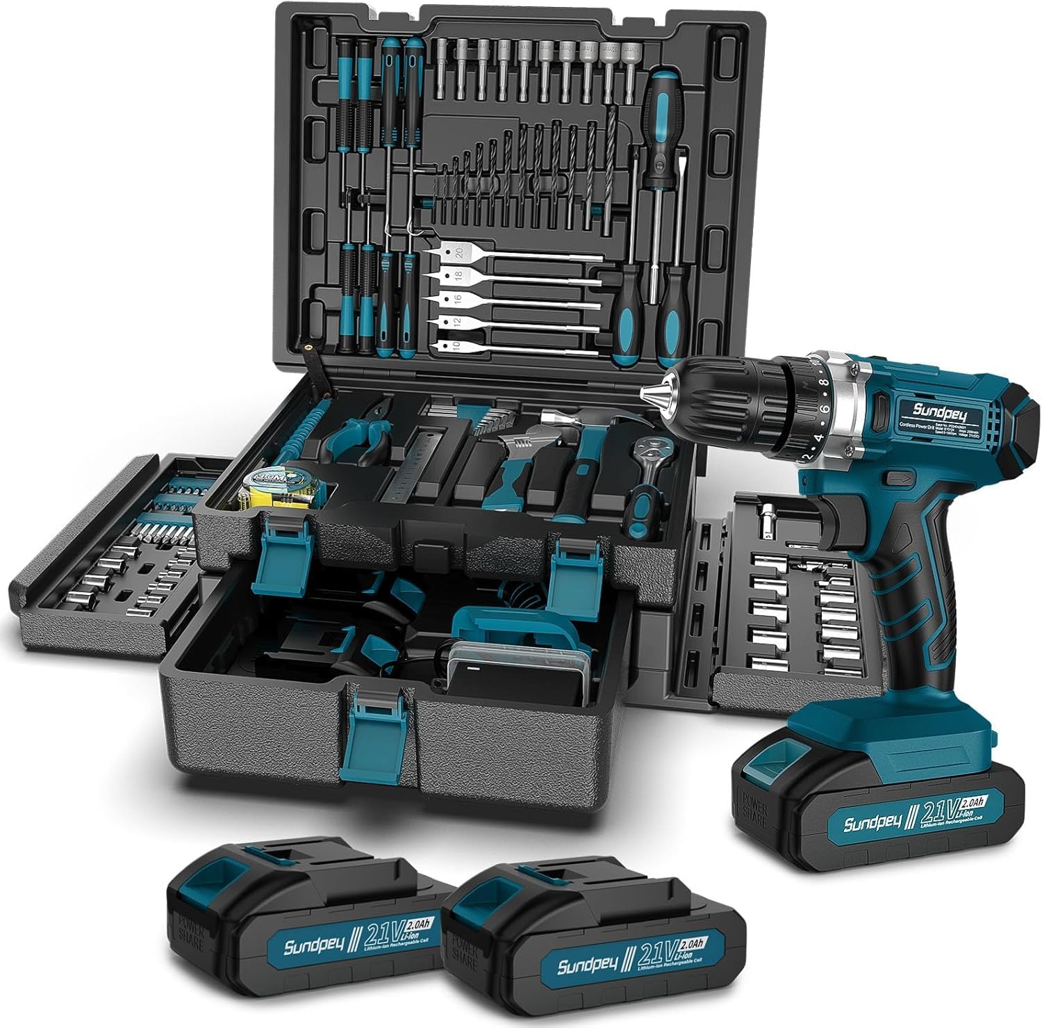 ⚡ Elektro & Technik – Sundpey 255-teiliger Werkzeugkasten mit Akkuschrauber 21 V – Set mit 2 x 2000 mAh Akku, Werkzeugkasten gefüllt für Heim-/Autoreparaturen, Werkzeugkasten-Aufbewahrungskoffer mit Schublade