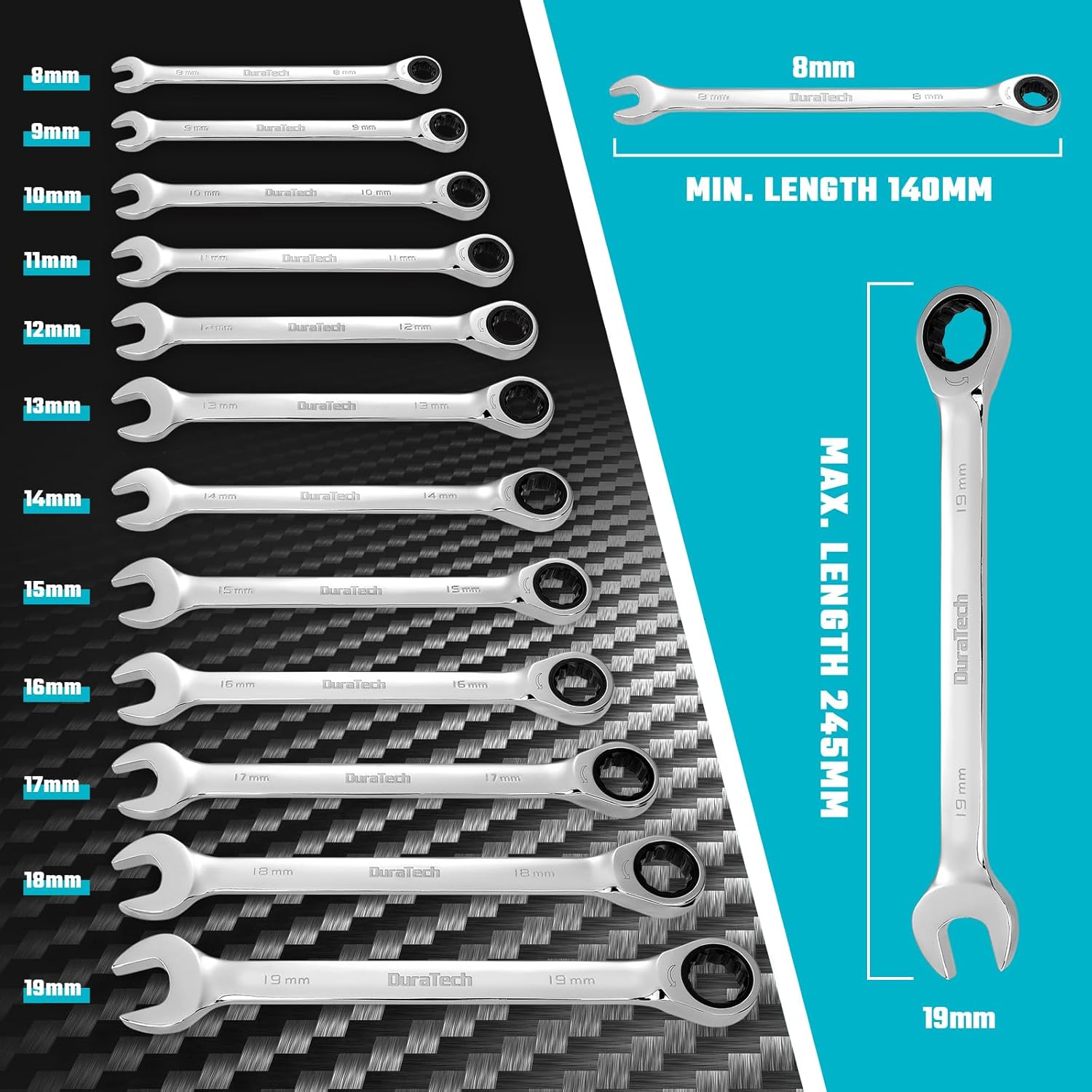 🚗 KFZ & Werkstatt – DURATECH 12-Piece Combination Ratchet Spanner Set with Fixed Head, Combination Spanner Set, Metric, 8-19 mm, Cr-V Steel, Organised in Storage Case – Bild 6