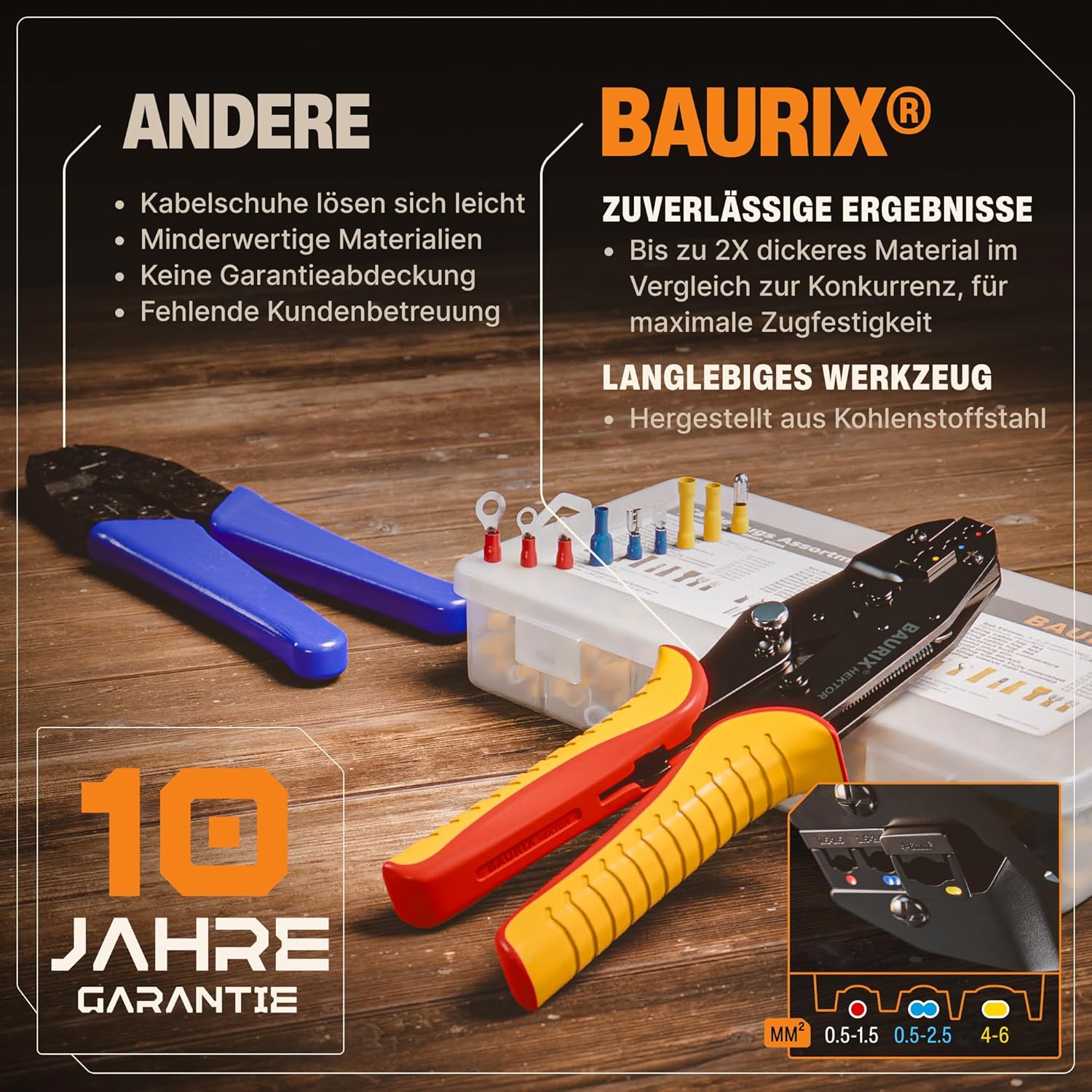 ⚡ Elektro & Technik – BAURIX® Crimping pliers including 700 piece cable lugs set, cable lug pliers for 0.50 - 6.00 mm² cable sleeves, cable lug pliers – Bild 5