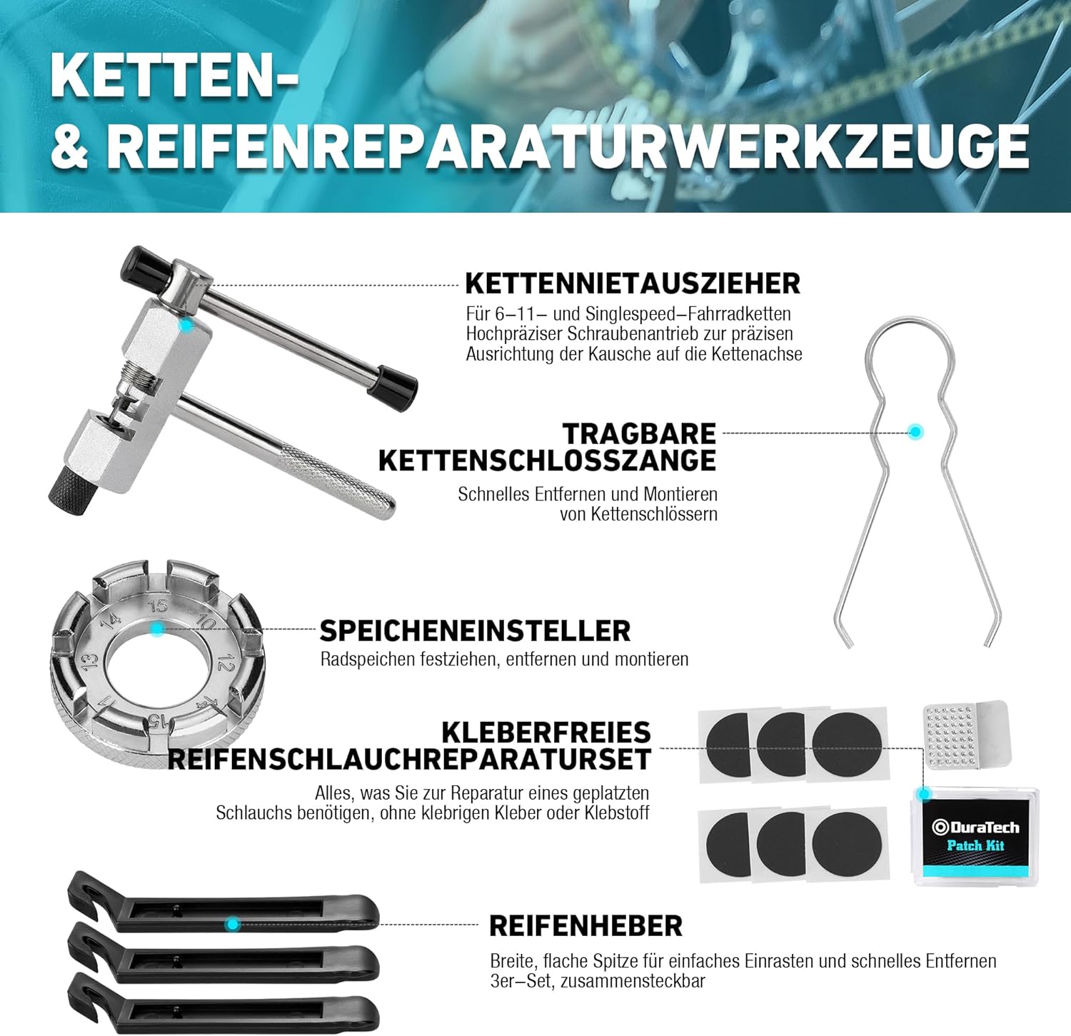 ⚒️ Bau & Montage – DURATECH Fahrradreparaturset 31-teilig mit Werkzeugkasten, tragbares Fahrradwerkzeugset für Fahrradkettenpedal-Reifenmontagereparaturen – Bild 4