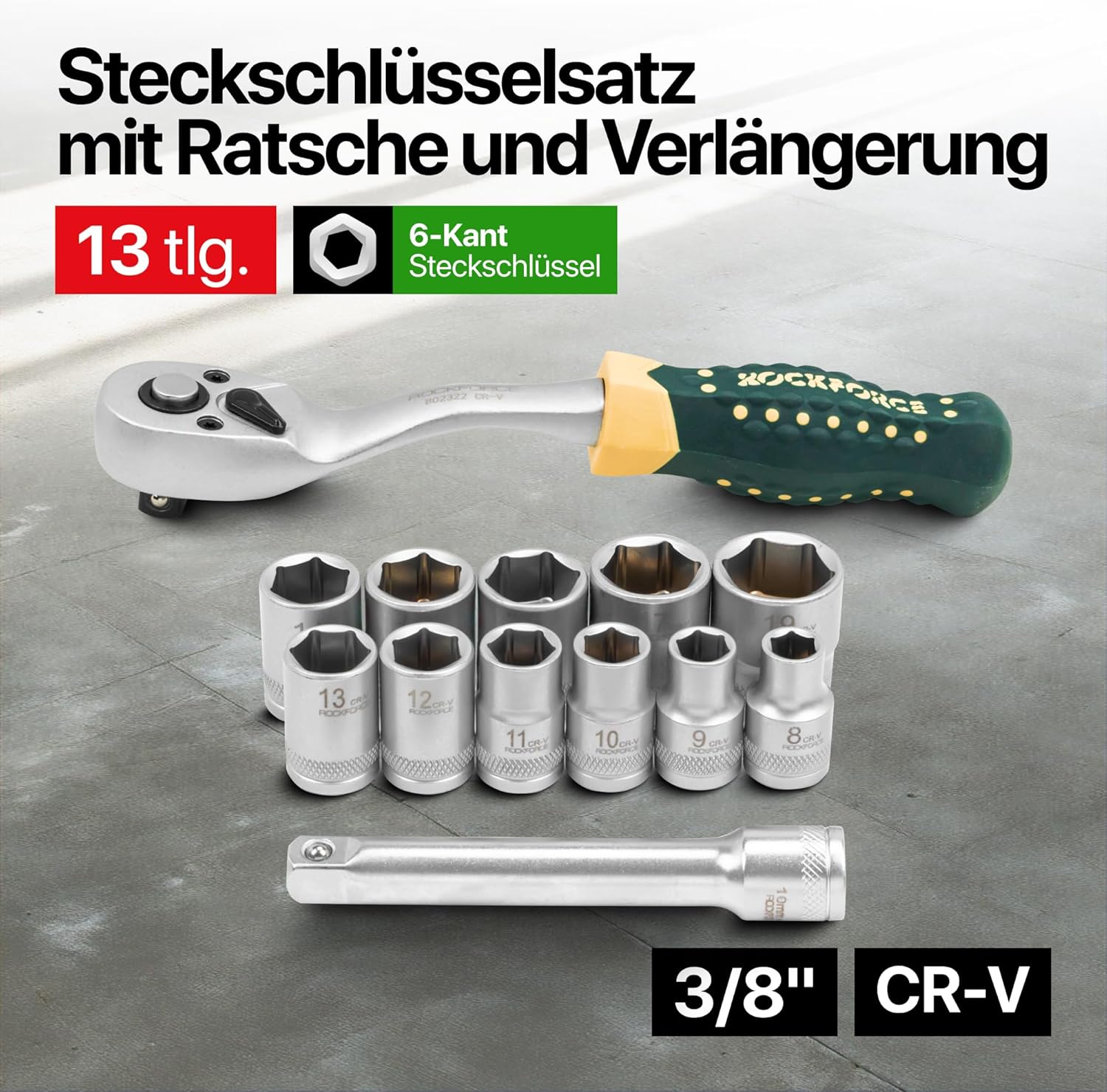 🚗 KFZ & Werkstatt – ROCKFORCE Socket Spanner Set 3/8 Inch, 13-Piece - Ratchet Extension, 11 Nuts 8-19 mm - Professional Tool Set for Car, Motorcycle, Bike, Home & Workshop - Chrome Vanadium Steel in Case – Bild 2