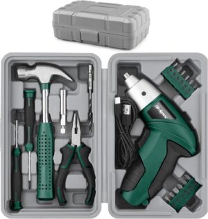 🔥 Angebote & Aktionen – Hi-Spec 19-Piece Green Tool Set with USB 3.6 V Cordless Screwdriver. Small Tool Set with Electric Screwdriver, Bit Set, Hammer, Pliers and More All in a Small Tool Box
