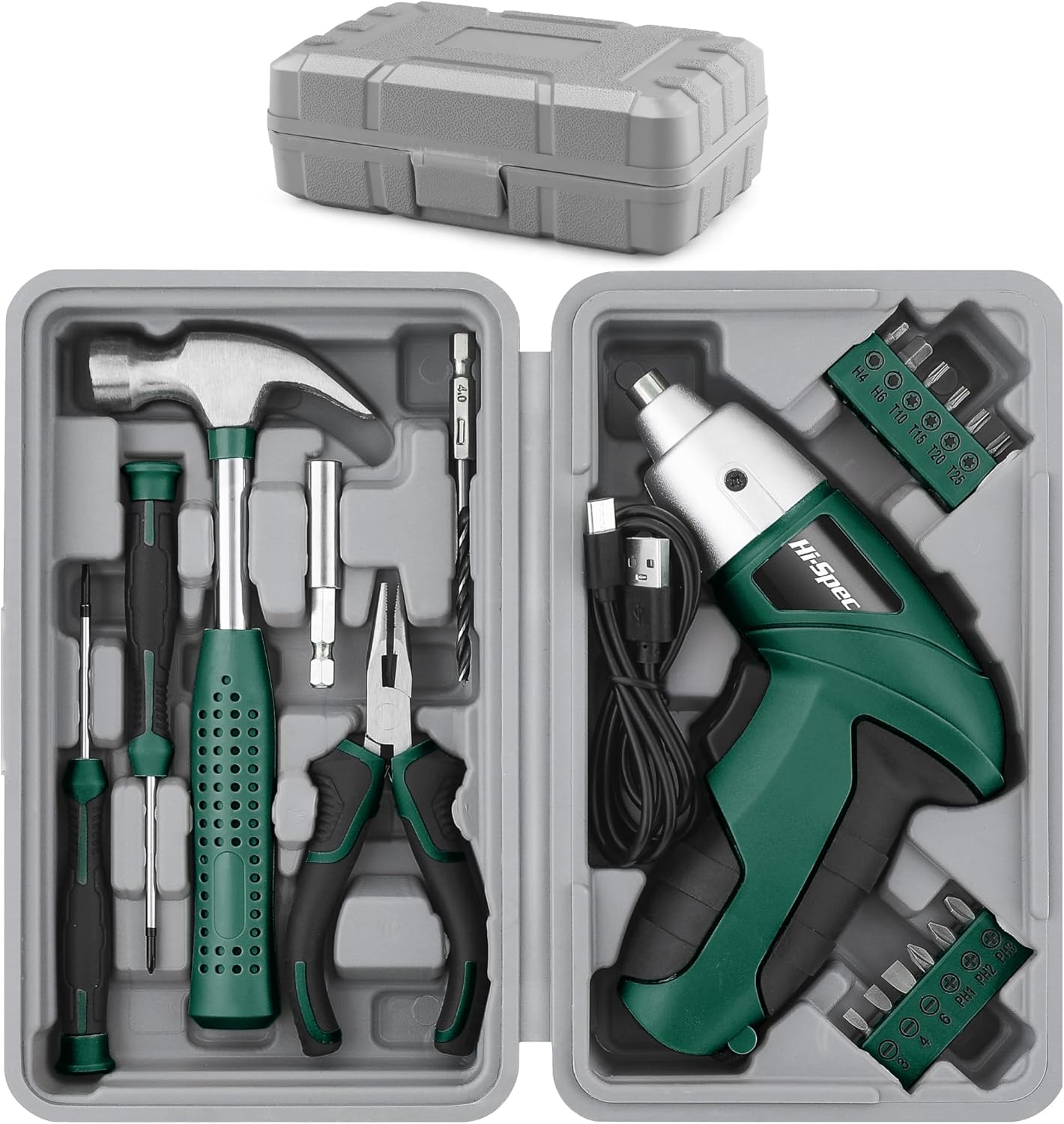 🔥 Angebote & Aktionen – Hi-Spec 19-Piece Green Tool Set with USB 3.6 V Cordless Screwdriver. Small Tool Set with Electric Screwdriver, Bit Set, Hammer, Pliers and More All in a Small Tool Box